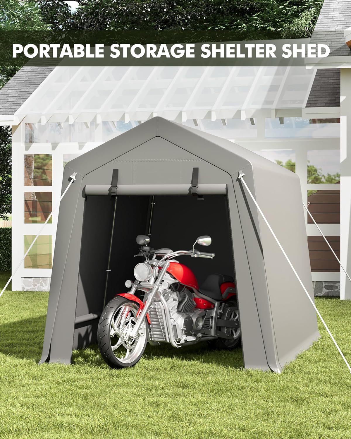 6 x 8 ft Carport Storage Shed, Portable Garage with Roll-up Zipper Door, Heavy Duty Waterproof Tarp, Storage for Motorcycle, Bike, Firewood, Garden Tools