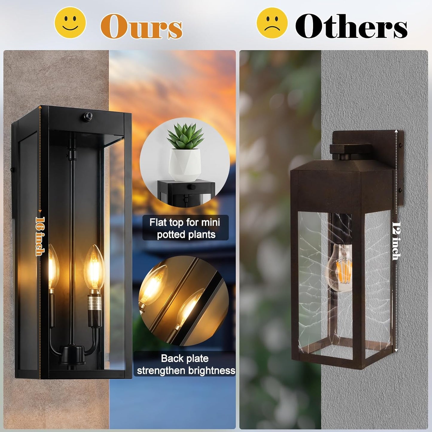 16” Dusk to Dawn Outdoor Lighting, 2 Pack Black Modern Porch Outside Lights for House 2-Light, Photocell Sensor Exterior Patio Coach Wall Lanterns Outside Garden Sconce Lamps Waterproof E12