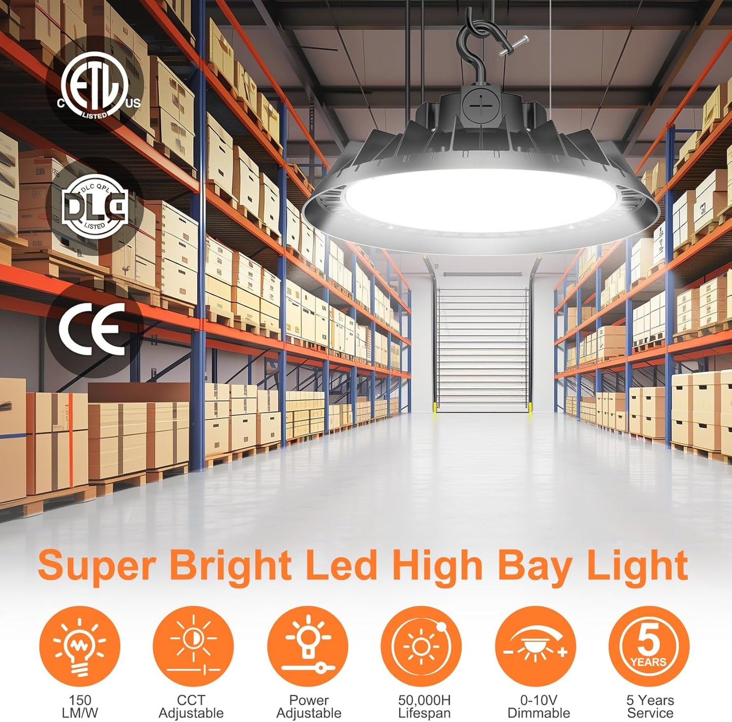 3Pack LED High Bay Lights, 200W UFO High Bay LED Shop Lights, 30000LM Adjustable CCT(5700K 5000K 4500K) & Power(200W 150W 100W), 0-10V Dimmable, 5' Cable Plug, IP65 Waterproof, ETL & DLC Listed
