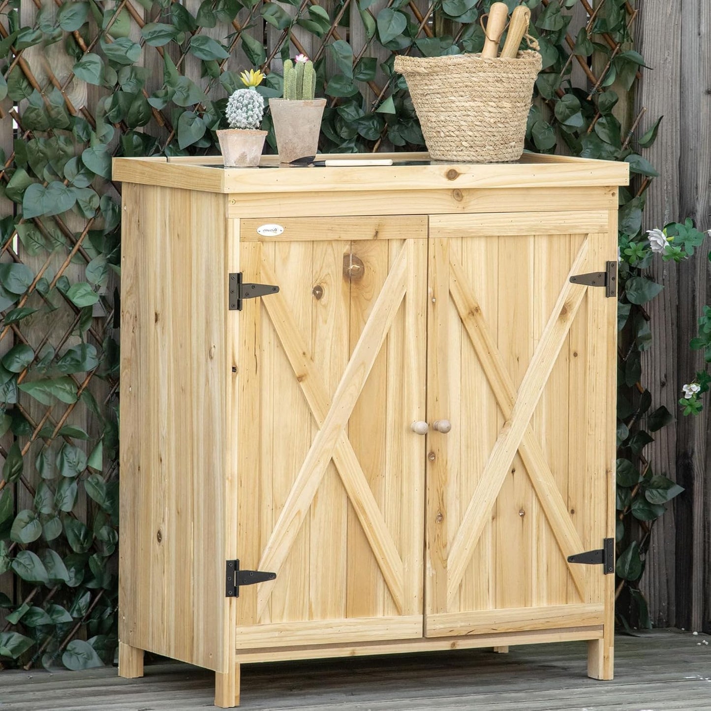 Garden Storage Cabinet, Outdoor Tool Shed with Galvanized Top and Two Shelves for Yard Tools or Pool Accessories, Natural