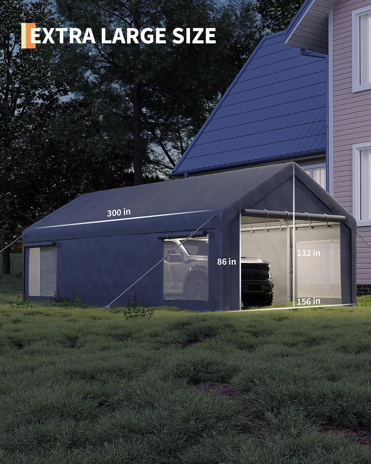 13 x 25FT Heavy Duty Carport with Roll-Up Windows, Portable Garage with Removable Sidewalls & Doors, Portable Car Tent Garage with Roll-Up Windows and All-Season Tarp, for Car, Truck,