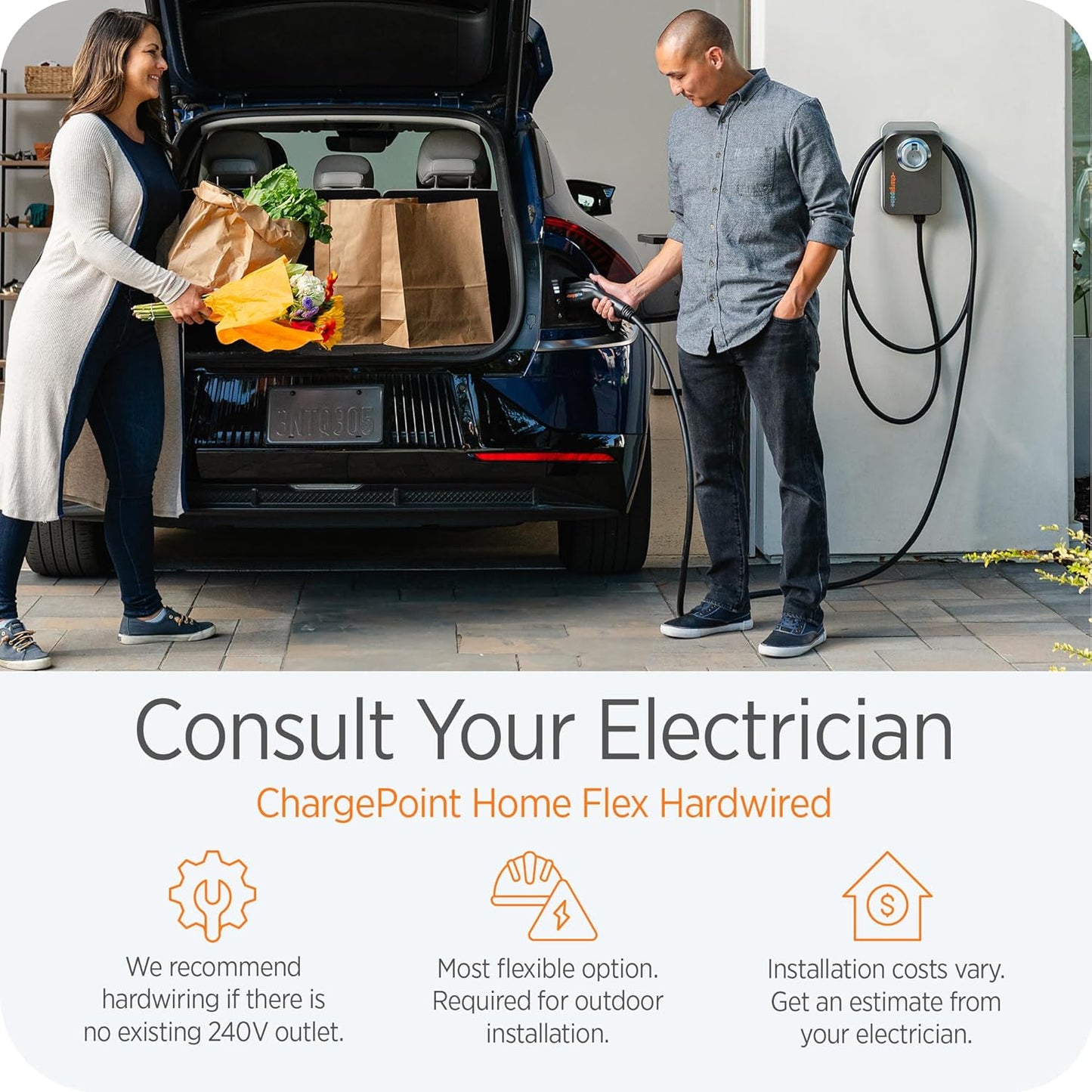 ChargePoint HomeFlex Level 2 EV Charger J1772, Hardwired for Electric Car - Fast Smart Battery Power Charging at Home for Electric Automobile Vehicles