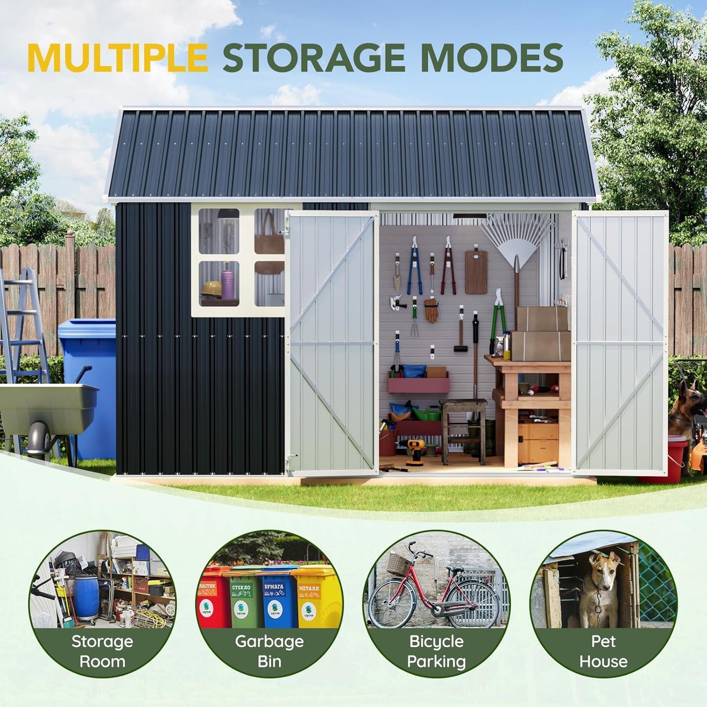 Breezz 8X10FT Outdoor Steel Storage Shed with Clear Window, Lockable Doors, Weather-Resistant Metal Tool Shed for Garden, Backyard, Patio, and Utility Storage.Nightblue
