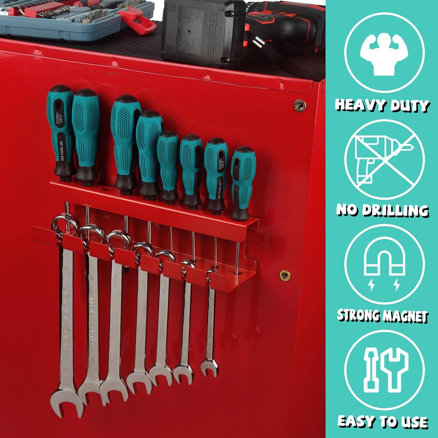 ULIBERMAGNET Magnetic Wrench Holder,Heavy Duty Red Magnetic Screwdriver Holder,Wrench Screwdriver Shear Organizer Rack Magnetic Mount Multiple Tools Rack for Garage,Tool Cart,Pegboards,Workbench