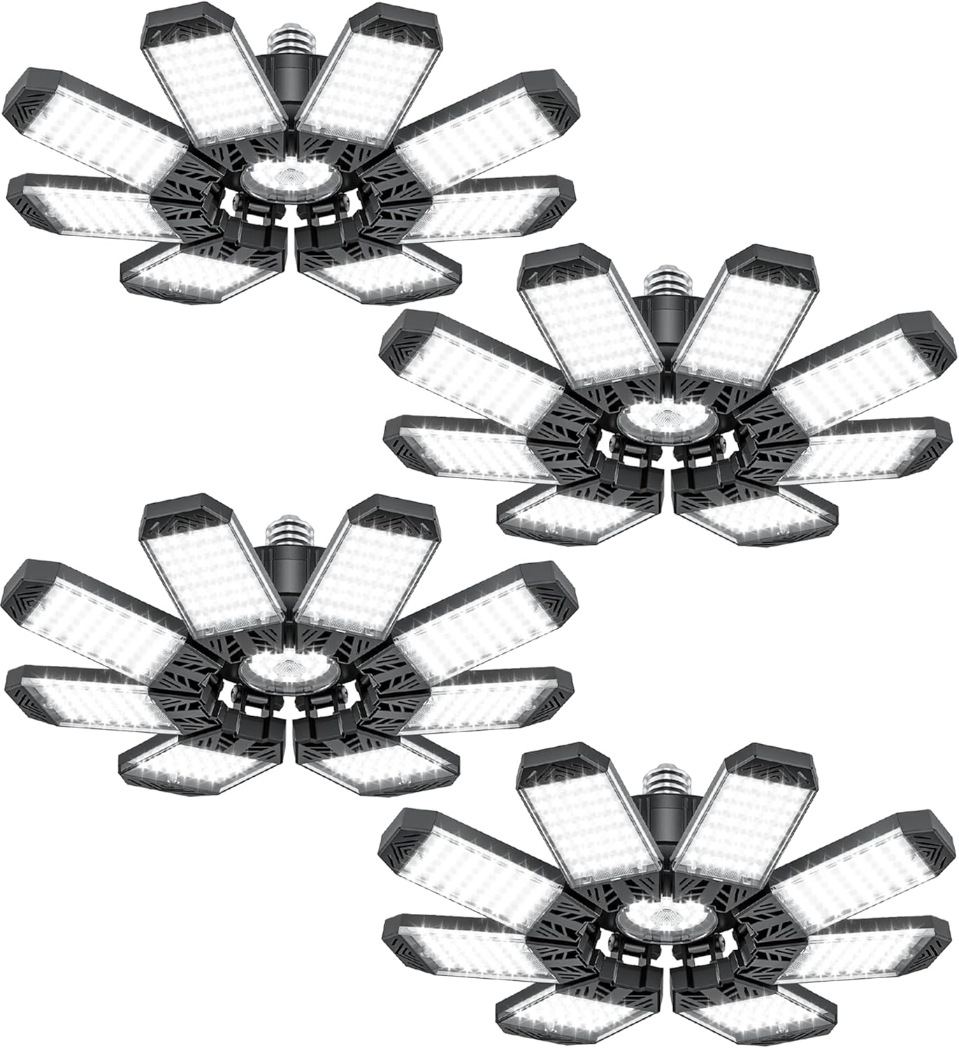 ISKYDRAW LED Garage Lights, 4 Pack Garage Lighting 260W 26000LM Bright Shop Ceiling Lights Screw Into E26 E27 Bulb Socket, Deformable 8+1 Panels 6500K Basement Bay Lighting for Workshop Barn Porch