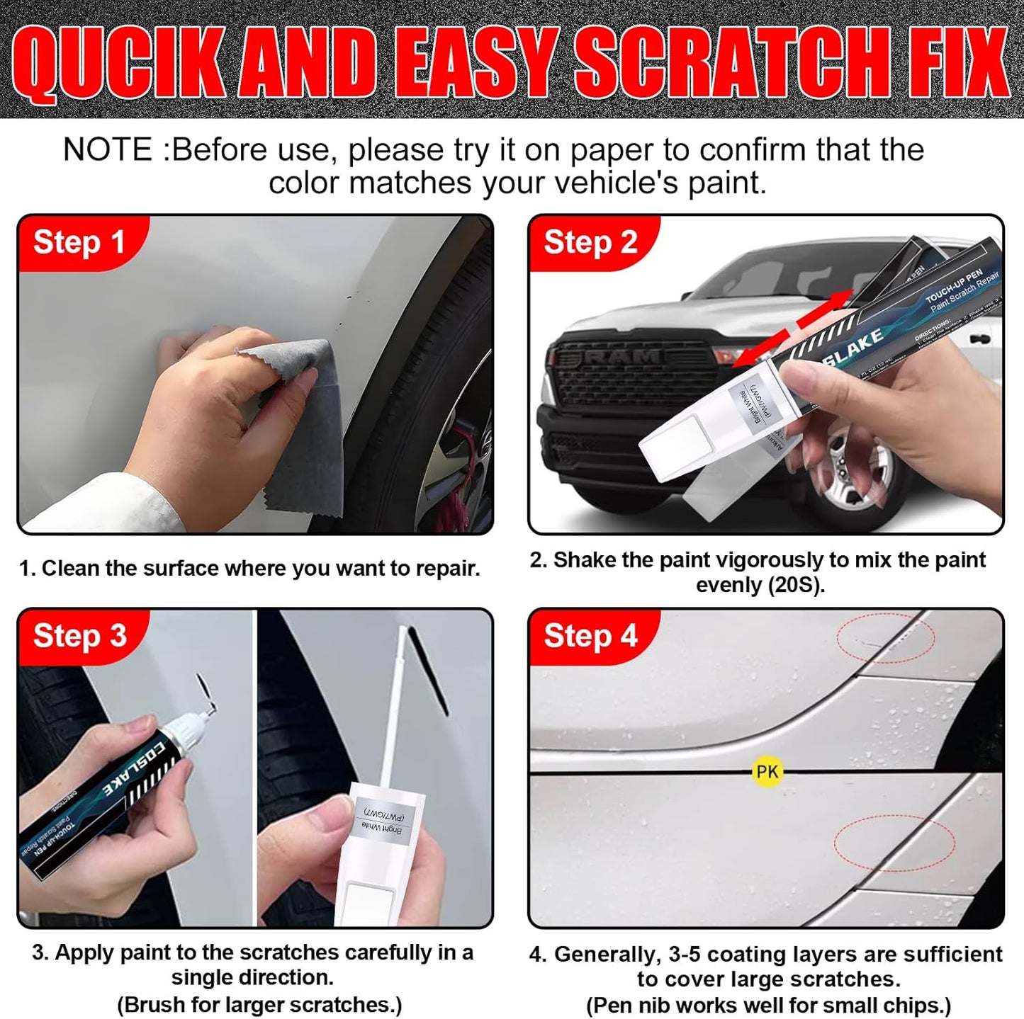 Car Touch Up Paint(Bright White(PW7/GW7)) for Dodge Ram, Car Paint Scratch Repair Kit, Quick & Easy Solution to Repair, 2 in 1 Scratch Remover Pen with 2PCS Disposable Micro Applicators