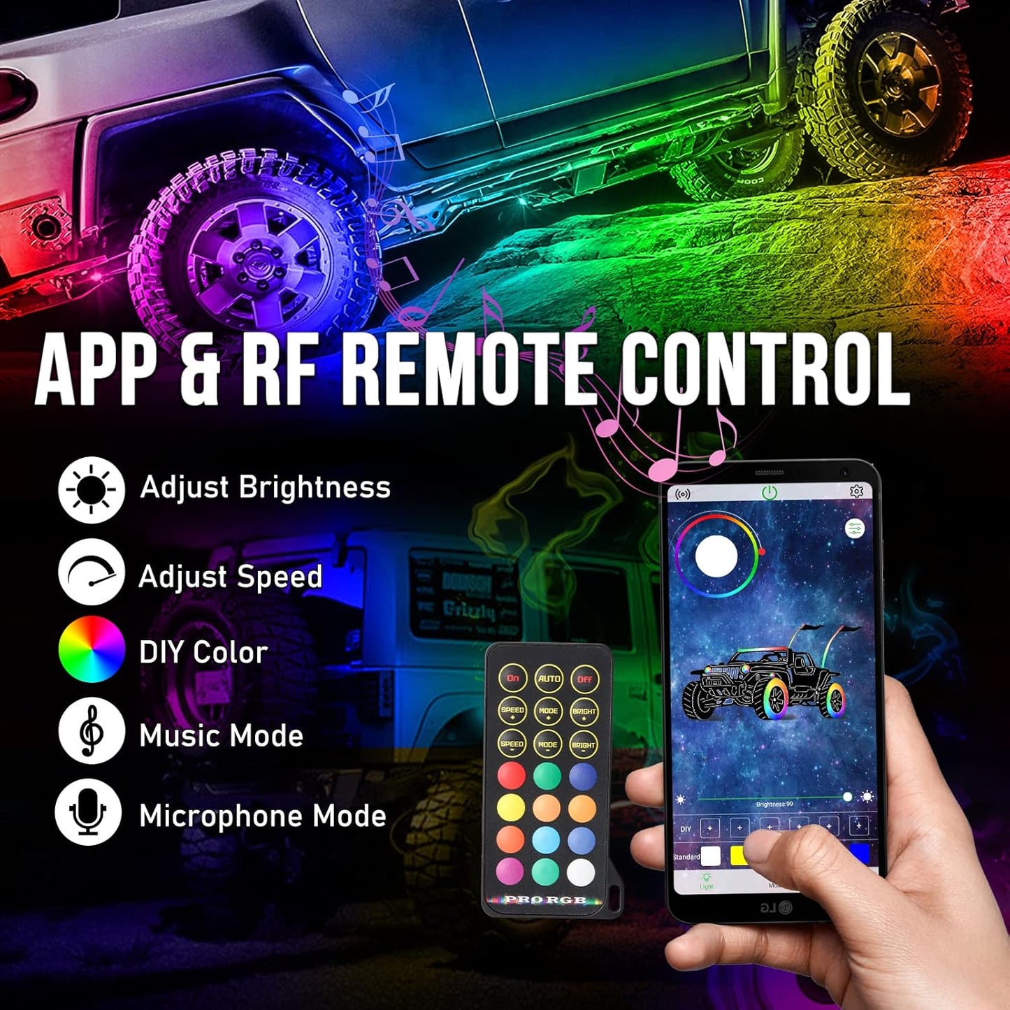 OPP ULITE Dream Chasing Color Led Rock Lights, 210° Luminous RGB & Pure White, Smartphone APP & RF Remote Control RGBW Underglow Interior Light for Jeep Truck SUV Car JK UTV ATV RZR Offroad Boat, 8Pod