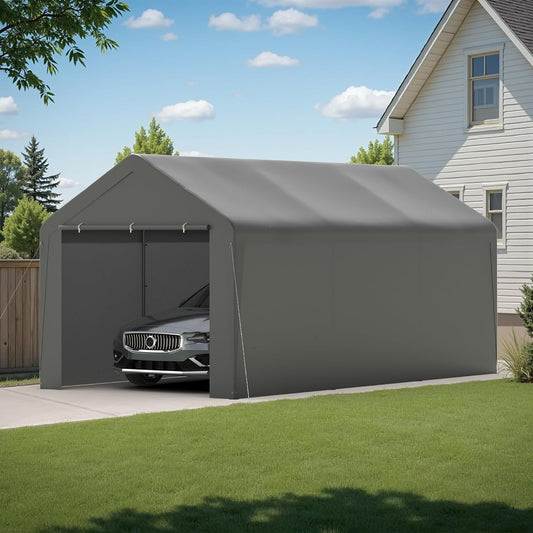 Carport, 10‘ x 20’ Heavy Duty Portable Garage All-Season Car Canopy w/Removable Sidewall & Doors, Carport Canopy Party Tent w/Water-Resistant Tarp for Backyard (Grey, 10‘ x 20’)