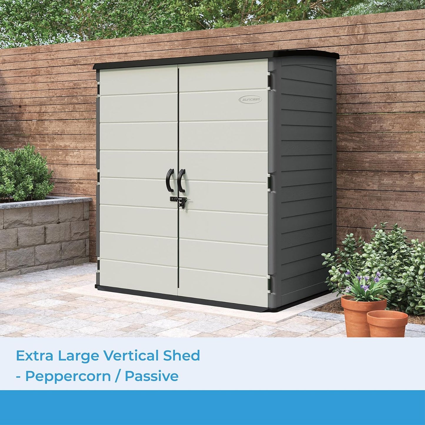 Suncast Extra-Large Vertical Storage Shed for Yard Storage, All-Weather Outdoor Storage Shed with 2 Lockable Doors, 70.5" W x 44.25" D x 77.5" H, Peppercorn, Made in The USA