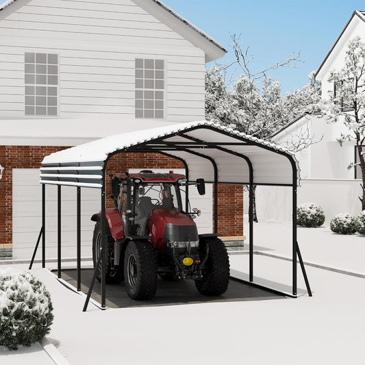 10' x 15' Heavy Duty Metal Carport with Galvanized Steel Roof, Metal Roof Carport with Enhanced Base, Tall Metal Carport Kits Garage for Tractors, Pickup, Boat, Car