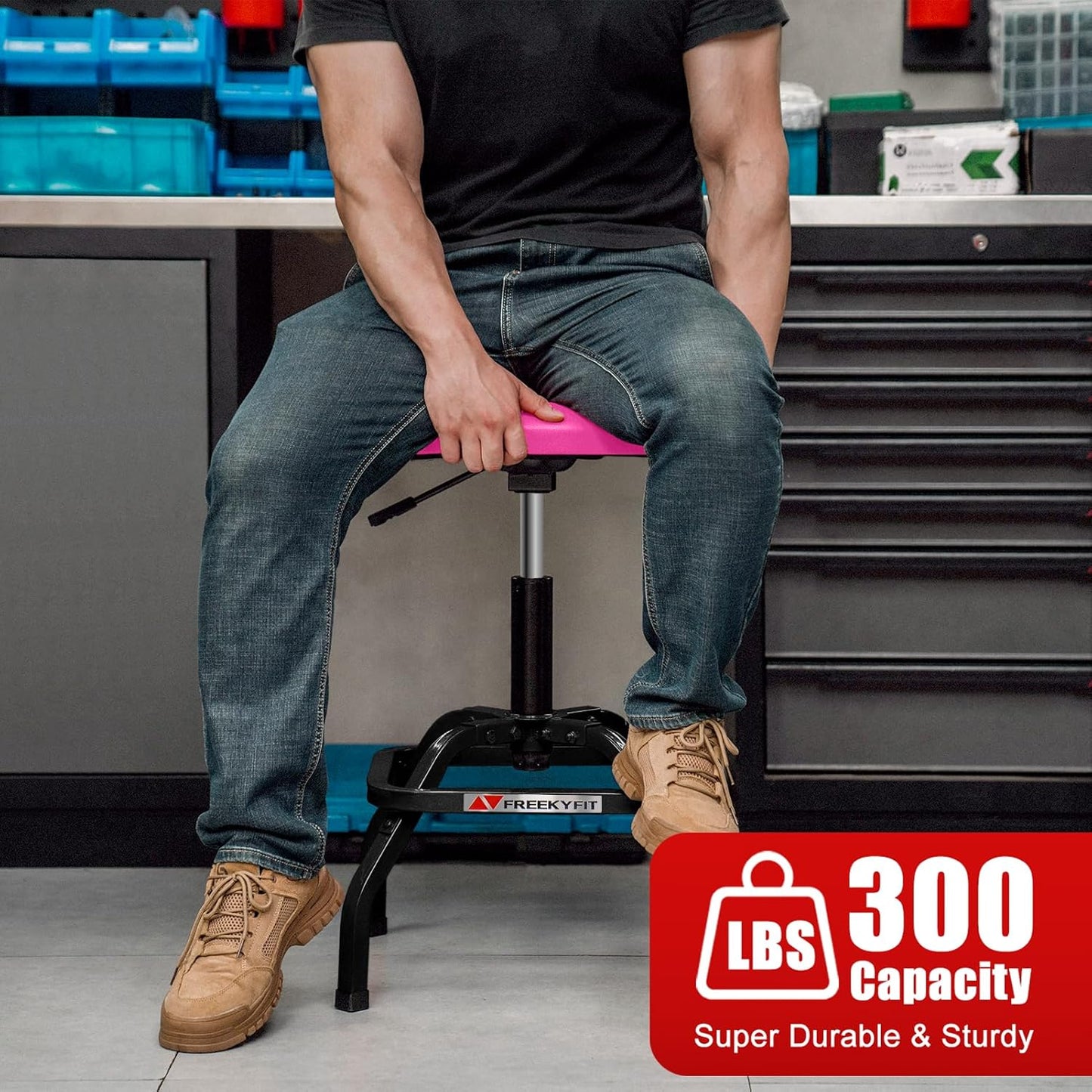 Shop Stool with Backrest, Mechanic Garage Stool for Workshop, Adjustable Shop Stools Chair, Padded Workbench Stools for Men Women, 300 LBS Capacity, 360° Swivel PVC Seat, Heavy Duty, Pink