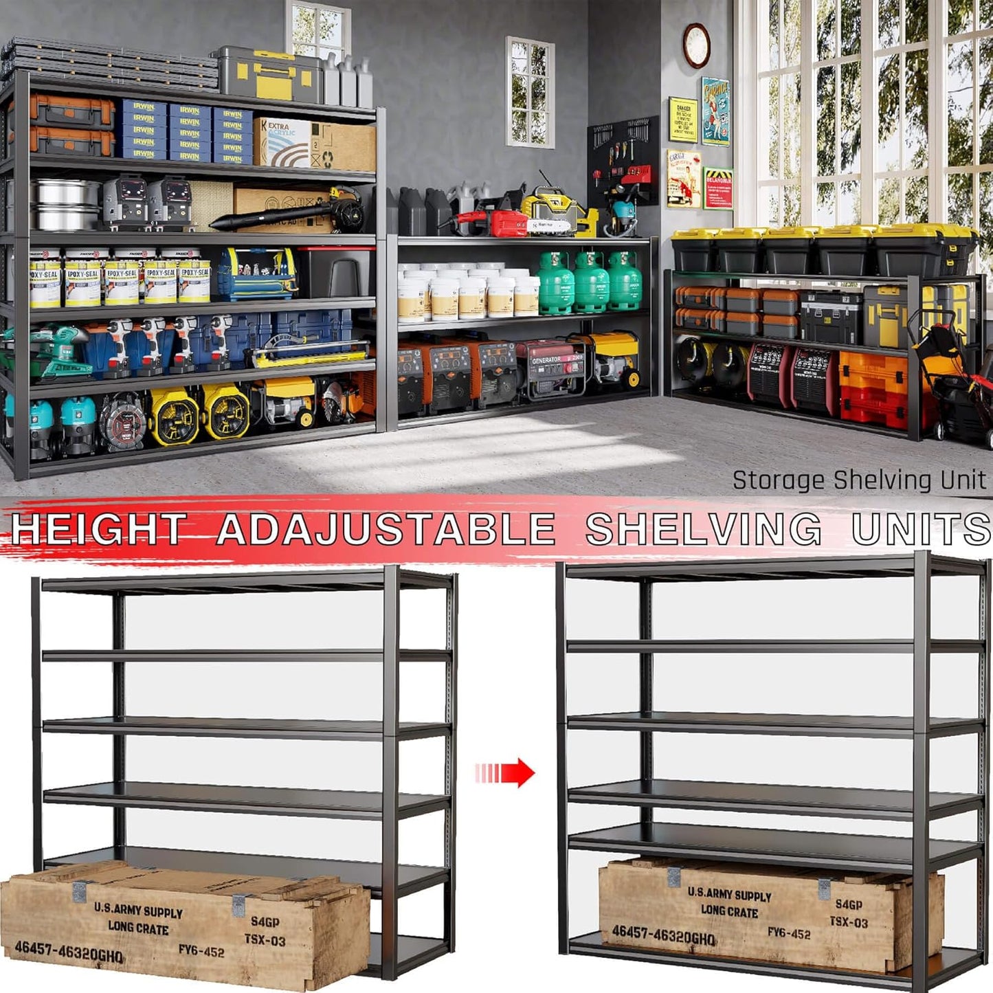 60" W Garage Shelving Heavy Duty, 6 Tier Garage Shelves, 60" W x 84" H x 24" D Adjustable Storage Shelving Unit, Commercial Metal Shelves for Warehouse, Pantry, Shop
