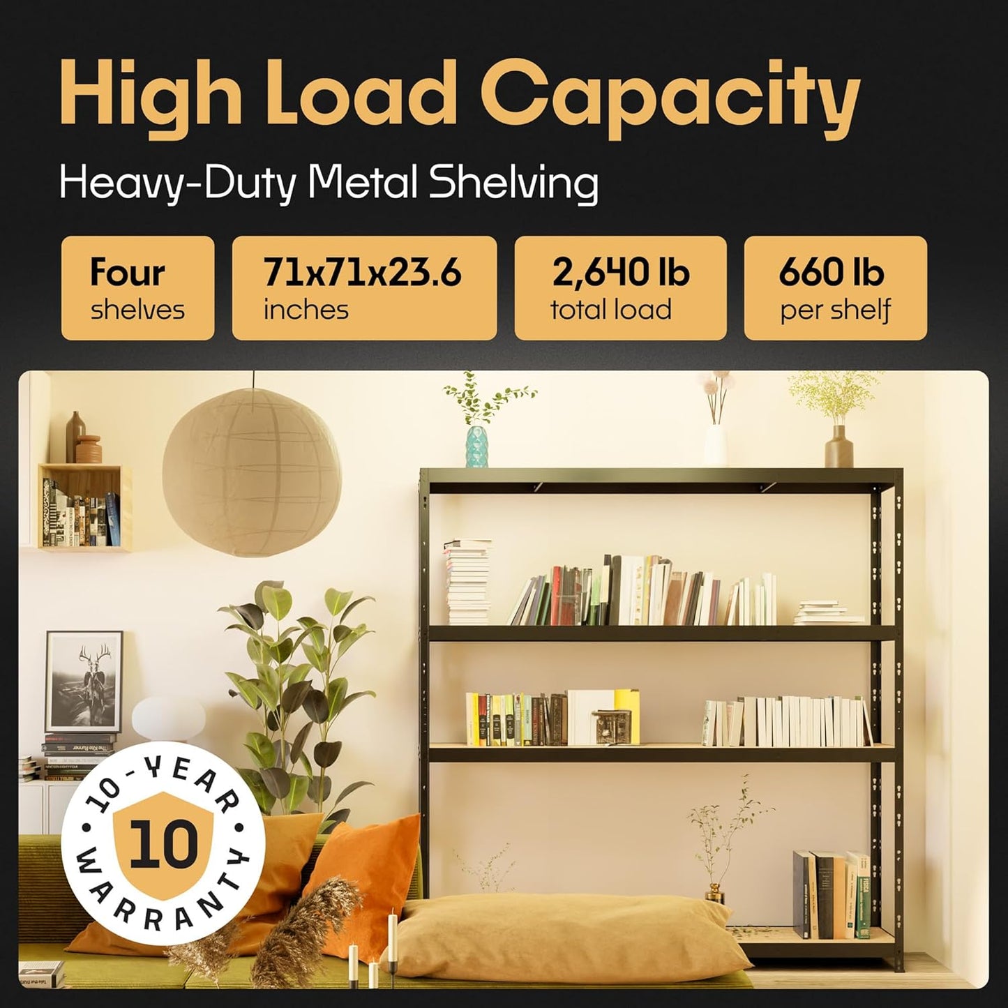 Storage Shelves: 4 Storage Shelves Heavy Duty w/ 2,640 lb Total Load Capacity, 660 per Storage Shelf, 71x71x24 | Adjustable Shelving Unit, Robust Garage Shelving, Extra Long Steel Profiles