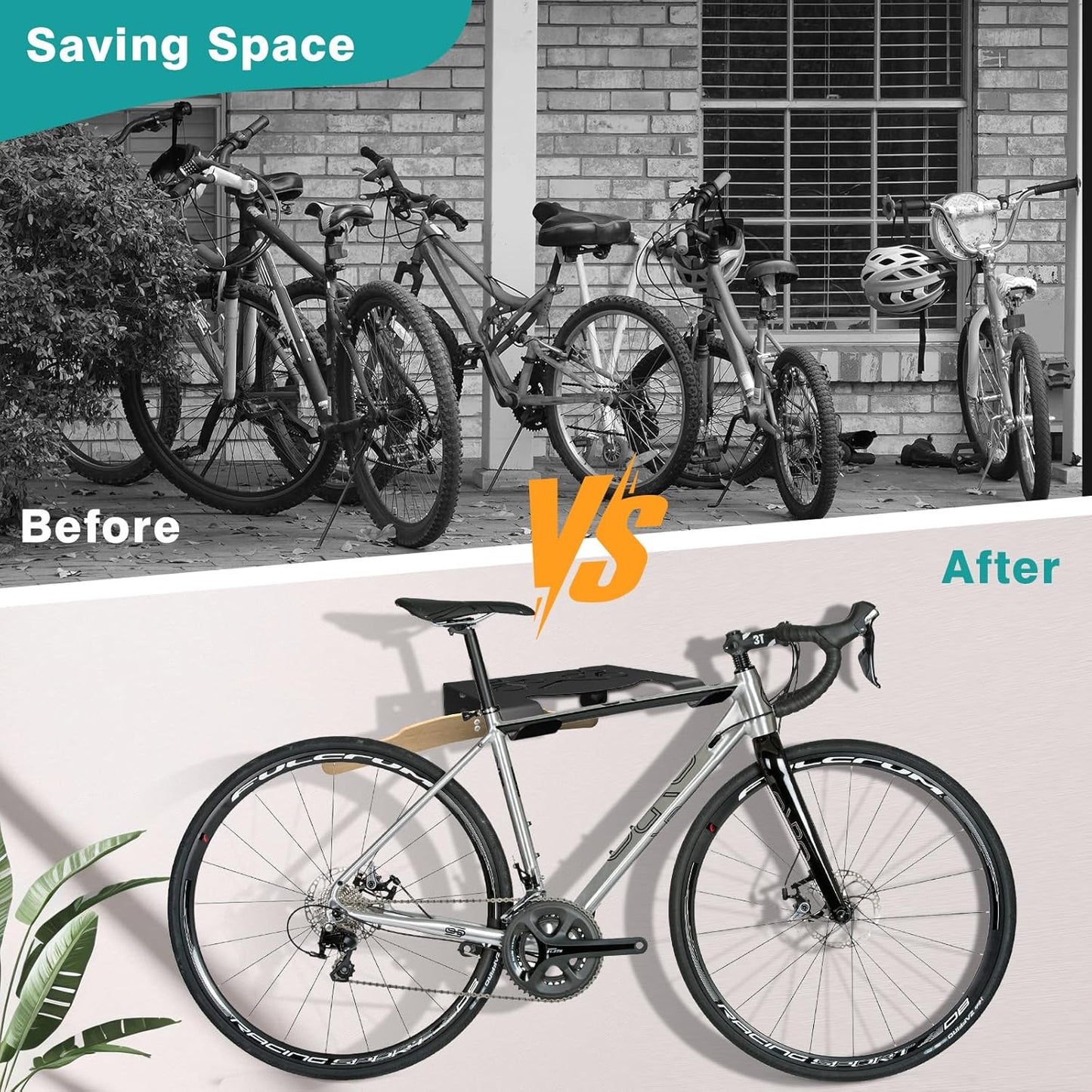 Bike Wall Mount Rack, Horizontal Bicycle Storage Hanger for Garage, Home, Apartment, Wall Mounted Bike Holder with Hook and Shelf for Cycling Accessories Organization, Heavy-Duty Metal