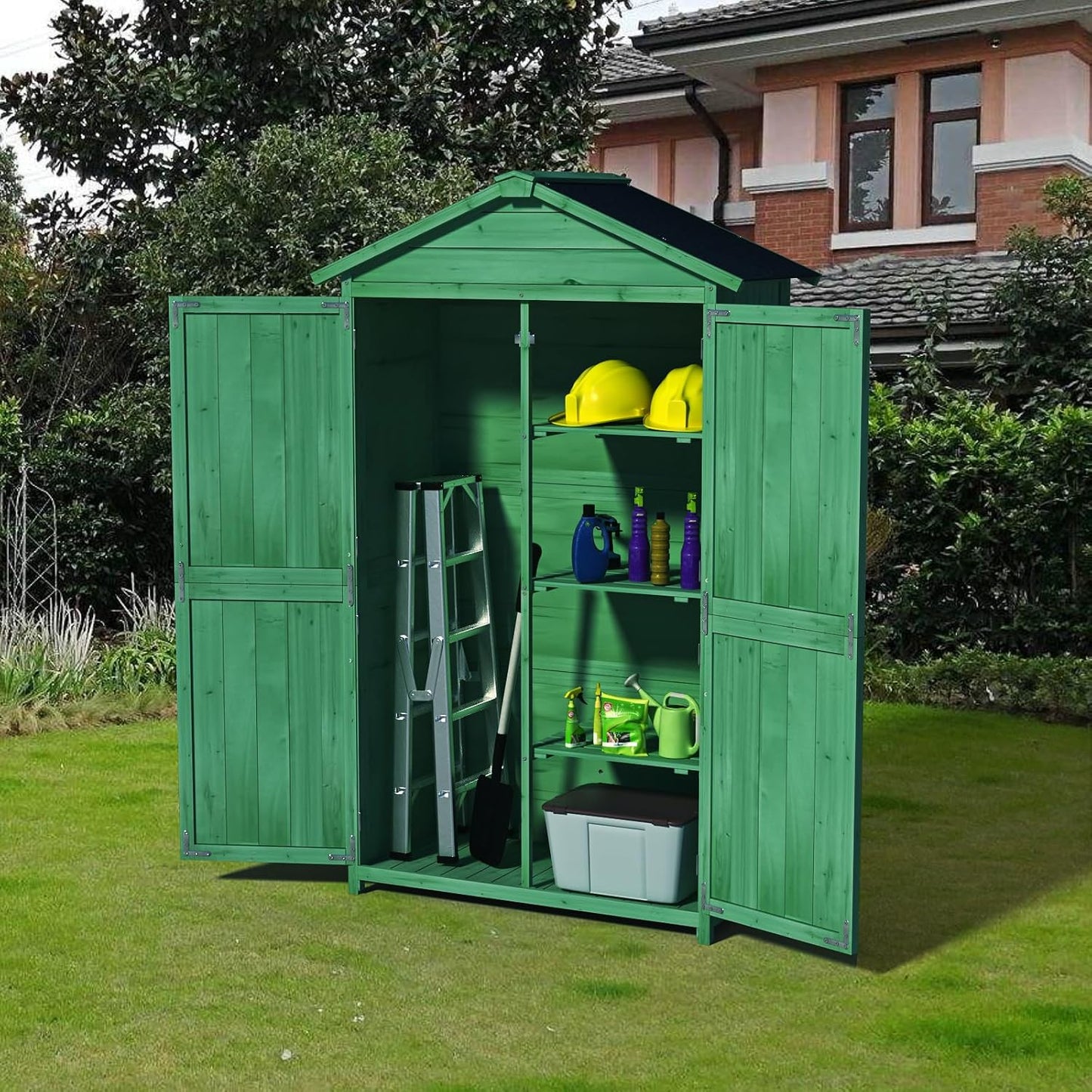 35.6" Outdoor Storage Shed,Wooden Shed with 4-Tier Removable Shelves,Garden Tool Cabinet W/Double Doors & Handles,All Weather Waterproof House W/Sloped Waterproof Asphalt Roof,Forest Green