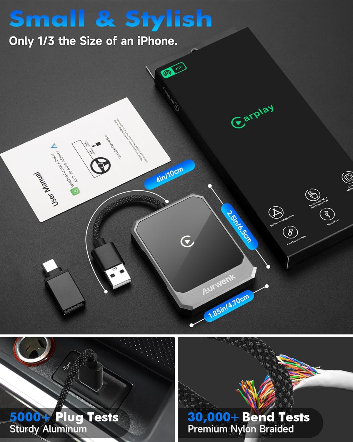 Wireless CarPlay Adapter for iPhone - Plug & Play Wired to Wireless Apple CarPlay Adapter, Fast Auto Connect, Stable & No Delay, Mini Wireless CarPlay Dongle for Cars from 2016 and iPhone iOS, Grey