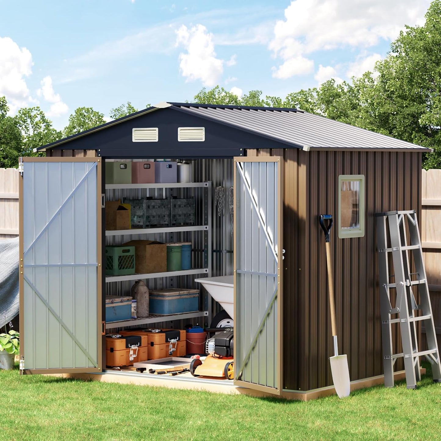 Breezz 8x6FT Outdoor Steel Storage Shed with Clear Window, Lockable Doors, Weather-Resistant Metal Tool Shed for Garden, Backyard, Patio, and Utility Storage.Brown