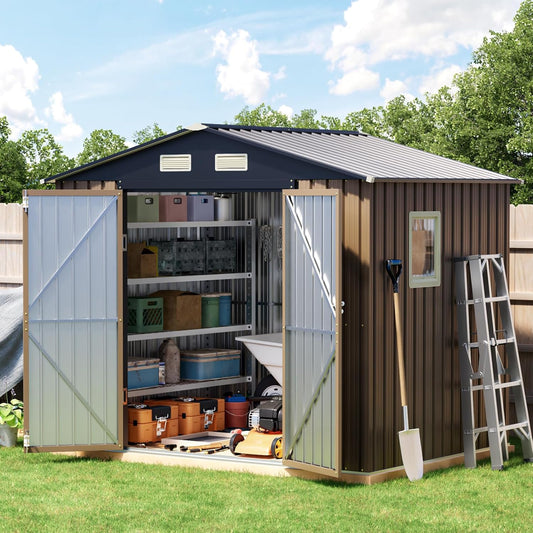 Breezz 8x6FT Outdoor Steel Storage Shed with Clear Window, Lockable Doors, Weather-Resistant Metal Tool Shed for Garden, Backyard, Patio, and Utility Storage.Brown