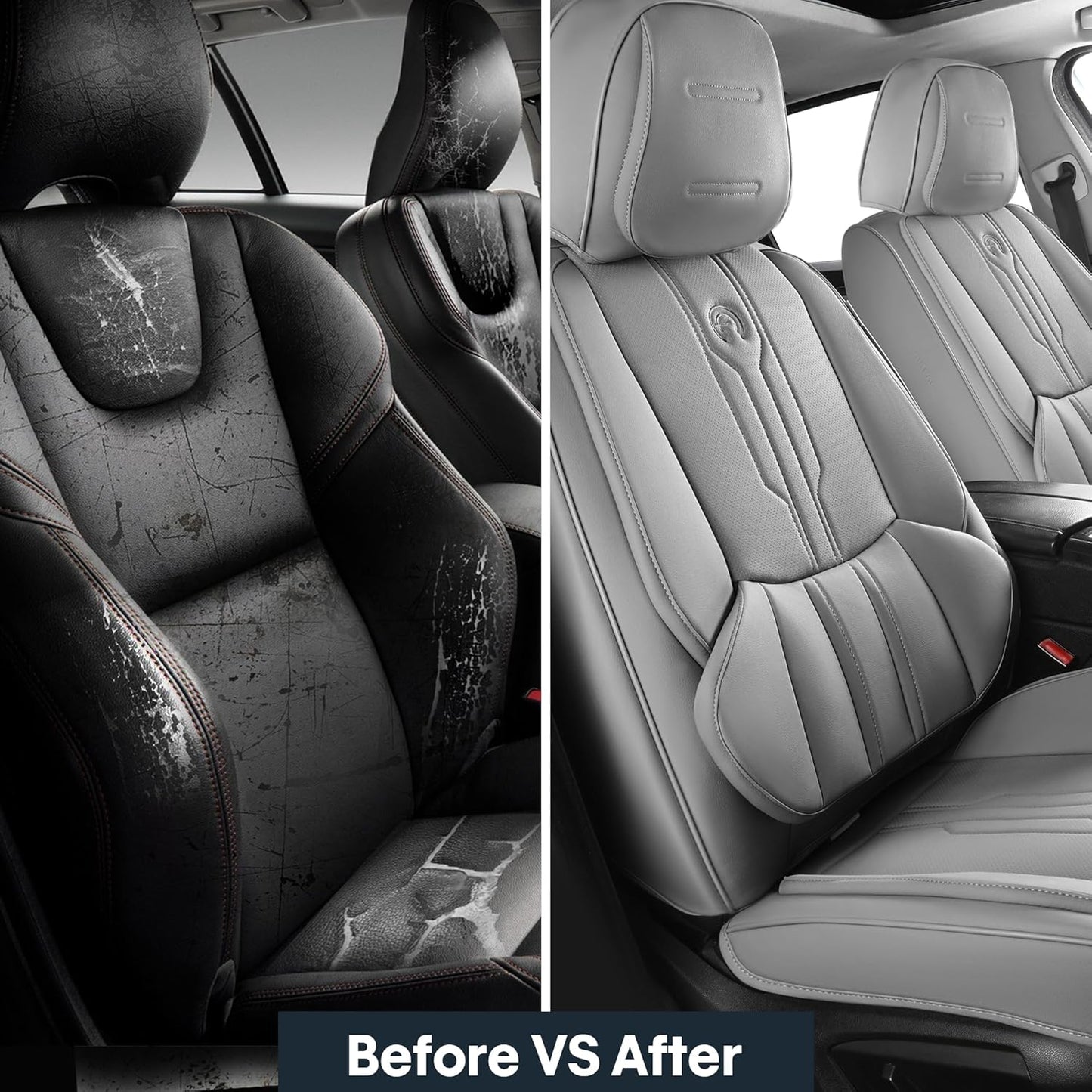 AOOG Front Seat Covers, Car Seat Covers Front Seats, Leather Seat Covers for Cars, Waterproof Seat Covers with Lumbar Support Universal Fit for Most Cars SUV Trucks(Front Pair, Grey)