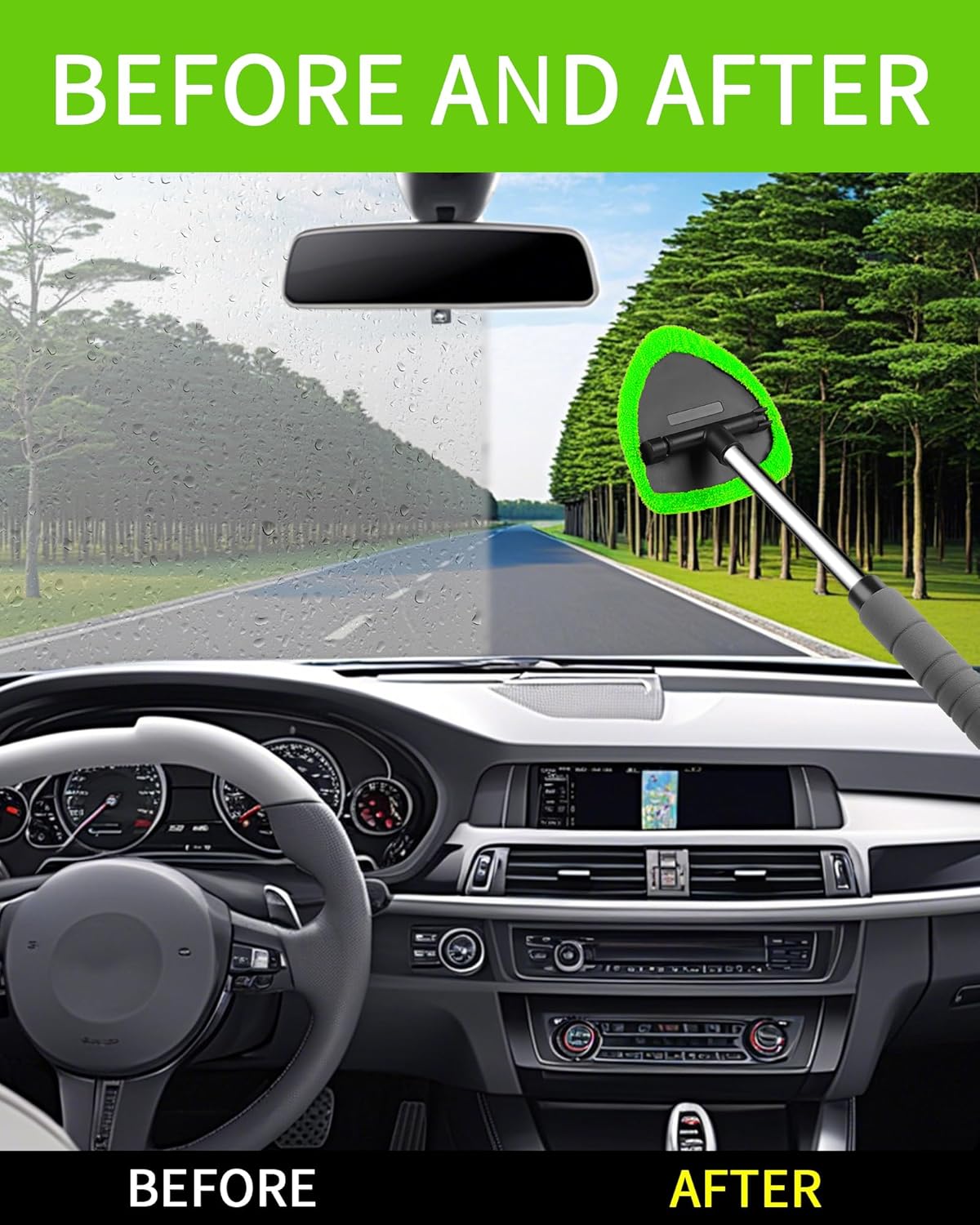 Auto Window Cleaning Tool, Retractable Windshield Cleaner Wand, Car Window Glass Cleaning, Double Sided car Window Cleaner, Microfiber Mirror Cleaning Tool kit. Car Interior Cleaning. (Green)