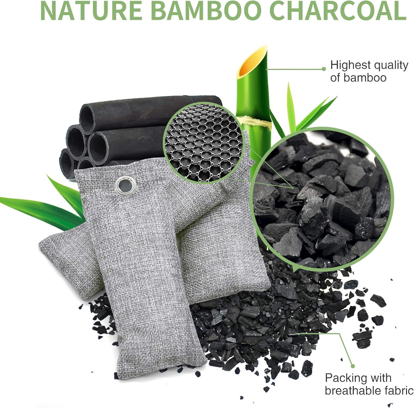 12 Pack Bamboo Charcoal Air Purifying Bag, Activated Charcoal Bags Odor Absorber, Moisture Absorber, Natural Car Air Freshener, Shoe Deodorizer, Odor Eliminators For Home, Pet, Closet (8x50g, 4x200g)