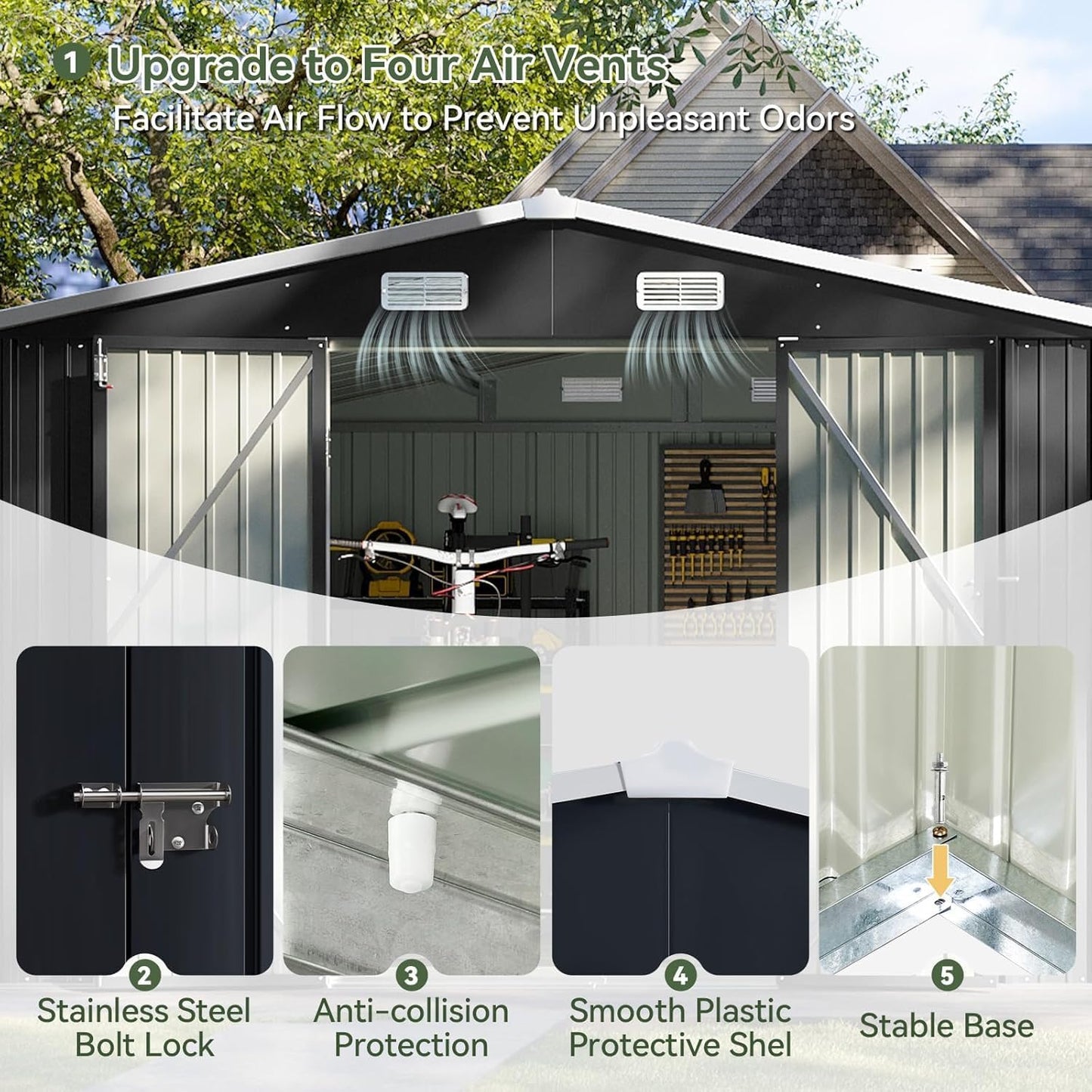 10x10 FT Shed Outdoor Storage Shed with Base, Large Shed Steel Utility Tool Shed Storage House with Door & Lock, Metal Sheds with Sloped Roof for Garden Patio Poolside, Black
