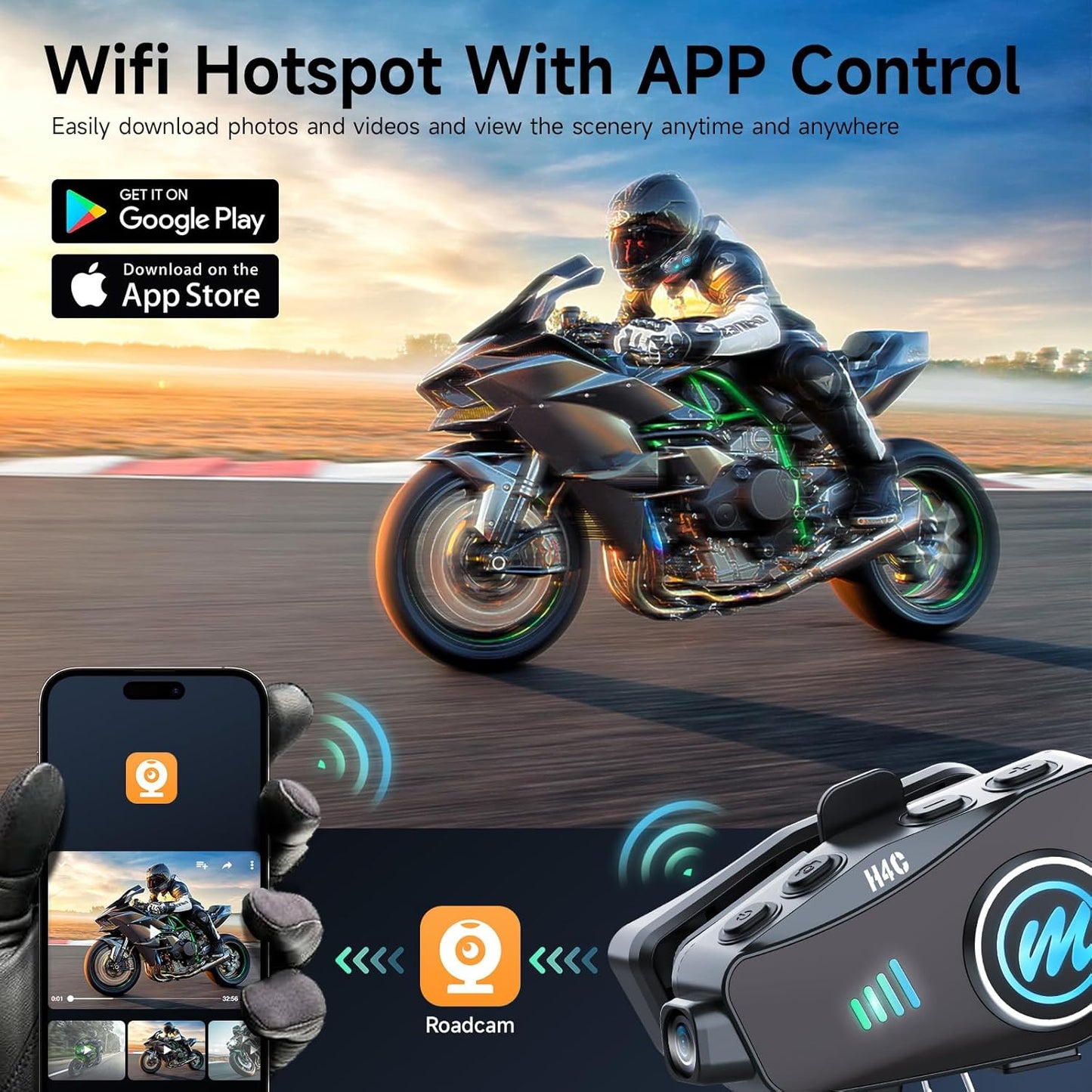 Motorcycle Helmet Headset with Camera, Moman H4C with 【1080P Camera】120° Wide Angle 360° Shooting Single Use Motorbike Headphone Speaker with 32G TF-Card HiFi Stereo AI Voice Assitant IPX6 Waterproof