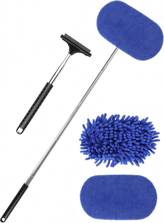 3 in 1 Car Windshield Cleaner Tool 40”Car Rearview Mirror Wiper Squeegee Wash Brush Extra Large Washable Microfiber Pad Extendable Handle Auto Window Glass Cleaning Kit Interior Exterior Dusting
