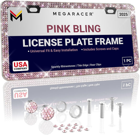 Glamorous Bling License Plate Frame for Women - 1 Pack, 800 Premium Pink Rhinestones, Rust-Free Stainless Steel, Street Legal Slim Design, Sparkly Diamond Car Tag Holder with Glitter Crystal Covers