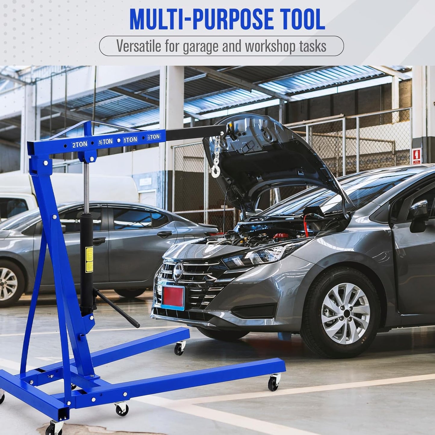 2 Ton Hydraulic Engine Hoist with Lever Stabilizer , Cherry Picker Engine Hoist, 4400LBS Heavy Duty Garage Crane with 6 Swivel Casters & Adjustable Telescopic Boom, for Auto Repair & Workshop (Blue)