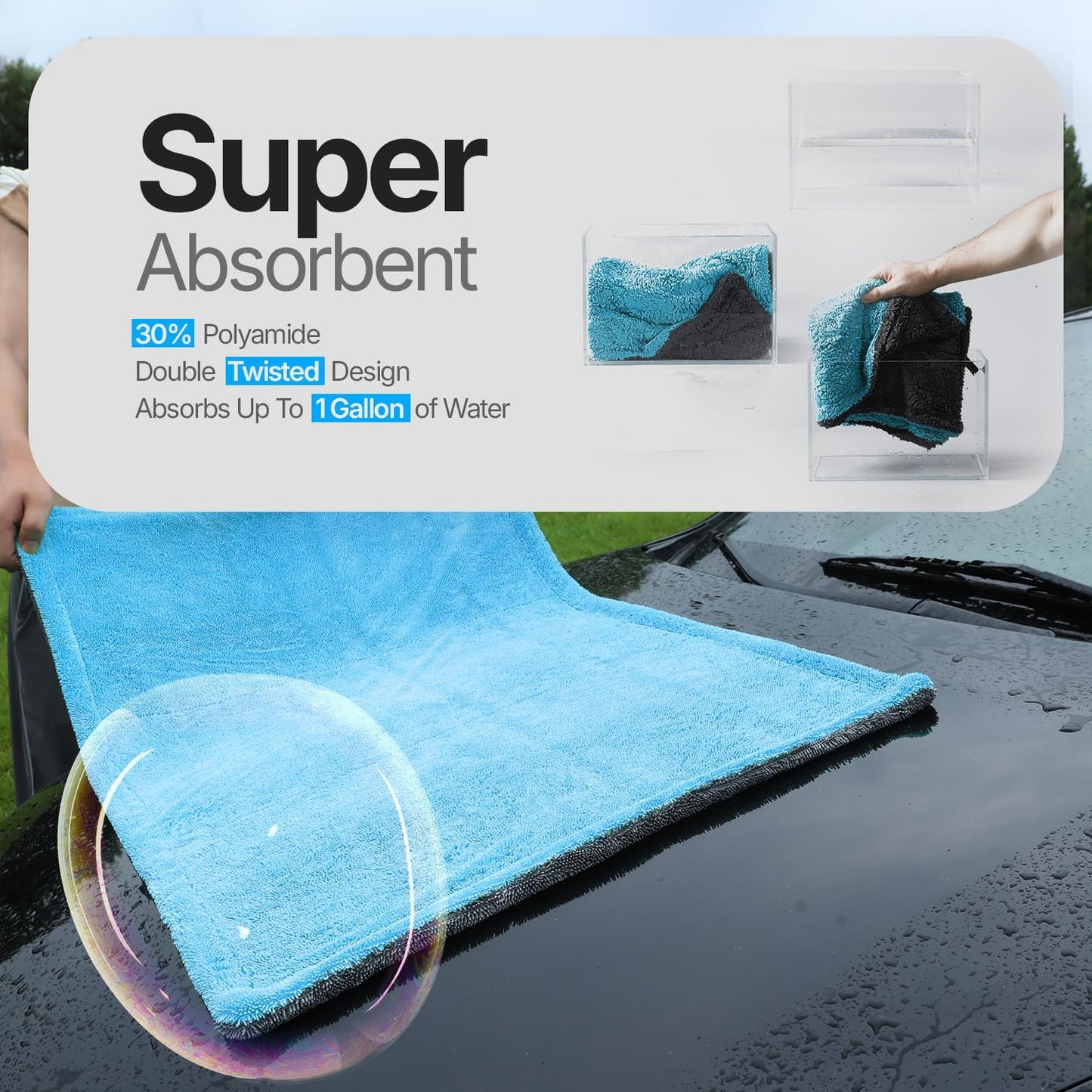 Microfiber towels for cars - 1300GSM X Large size Double twisted loop 2pcs - 70/30 Blend Quick Dry High absorbent Edgeless Streak free - Car drying towel for detailing 24x36″ & 12x12 (Grey+ Aqua Blue)
