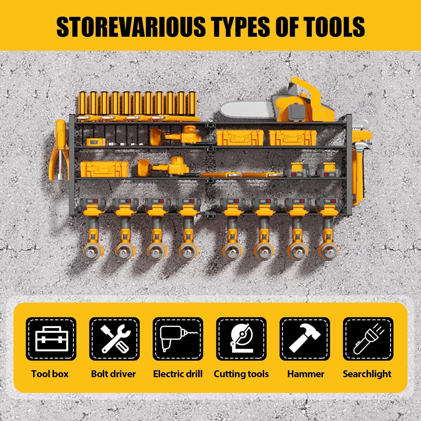 Wall Mount Power Tool Organizer, 4 Layer 8 Drill Hangers Storage Rack, Tool Organizers and Storage for Garage, Workshop, Pegboard, Shed - 33 inch