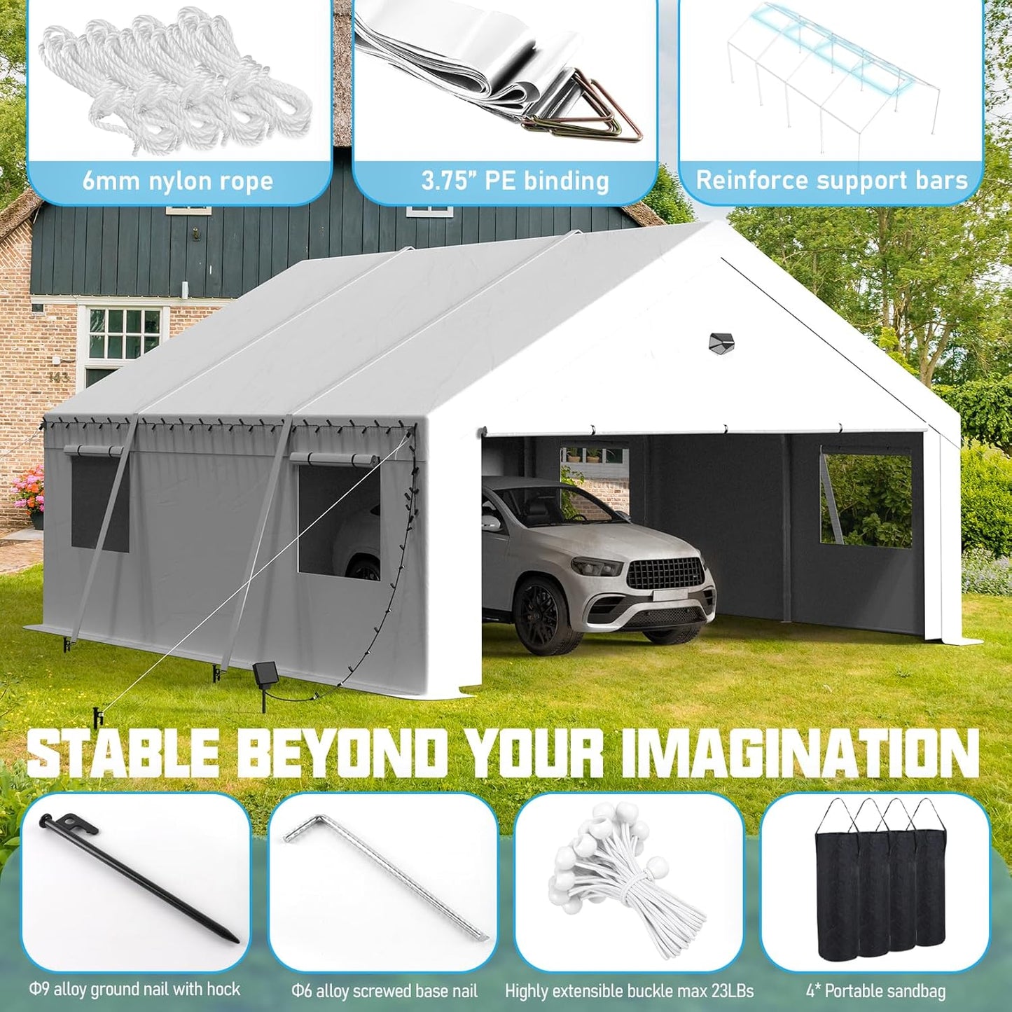 20x20 Carport Canopy, Heavy Duty Car Port, Portable Car Ports Garage with 2 Roll-Up Zipper Drive Through Doors, White