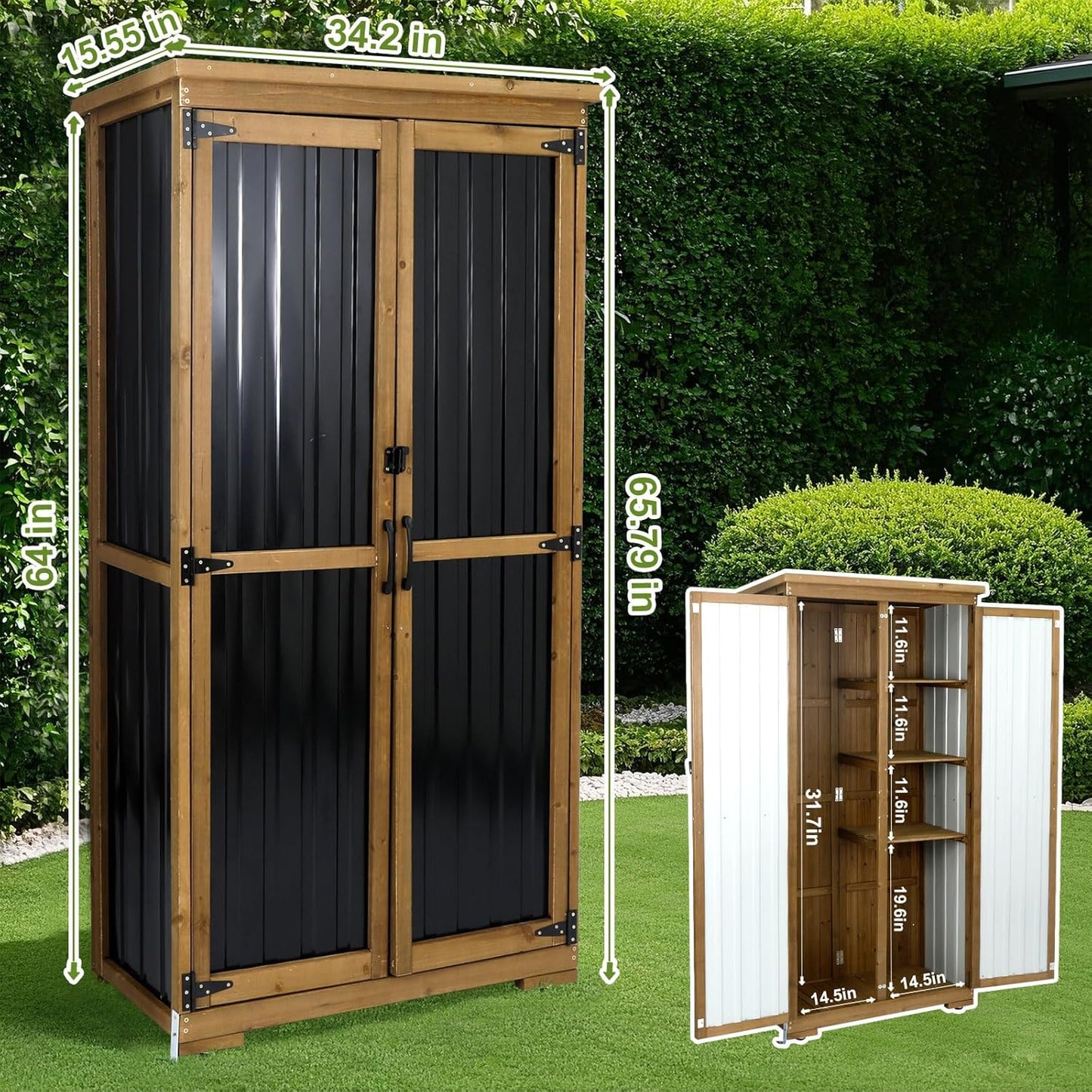 Outdoor Storage Cabinet,Wood & Metal Storage Shed with Lockable Doors & Adjustable Shelves,Vertical Outdoor Cabinets Weatherproof for Patio Backyard, Gardening Tools and Accessories,Brown