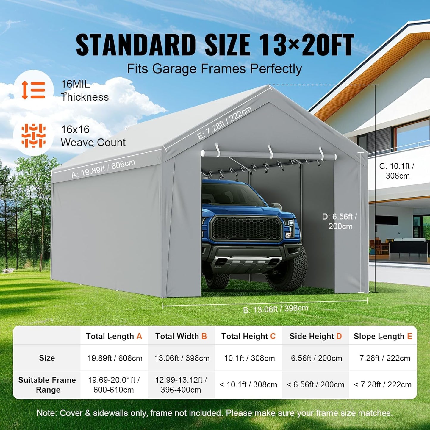 VEVOR Carport Replacement Canopy Cover Top + Side Wall 13 x 20 ft, Garage Tent Shelter Tarp Heavy-Duty Waterproof & UV Protected, Easy Installation with Ball Bungees,Grey (Frame Not Included)