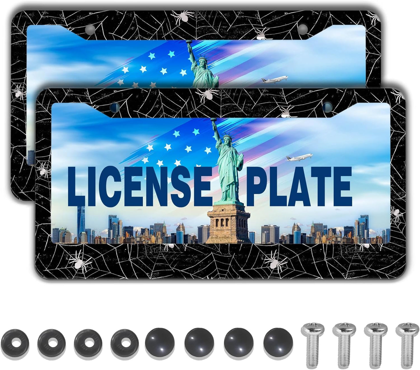 License Plate Cover for Men Black and White License Plate Frames for Women Spider Web Universal Aluminum Car Accessory 2 Pack with Screw Covers Set