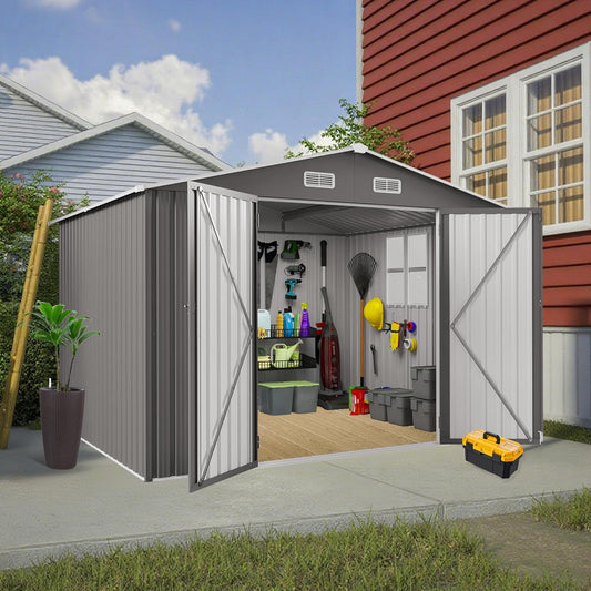 8X10 FT Outdoor Storage Shed with Window, Metal Sheds & Outdoor Storage with Lockable Door and 4 Vents, Outside Storage Shed Waterproof for Backyard, Garden, Patio, Gray