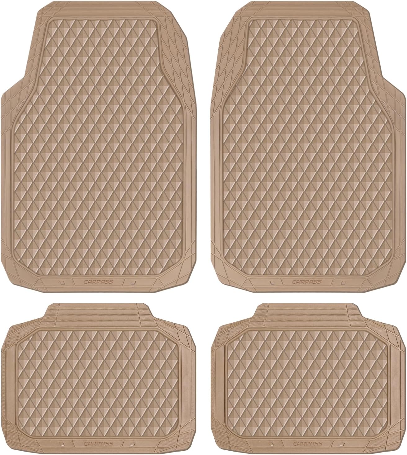 CAR PASS Beige Rubber Car Mats, All-Weather Floor Mats Full Set Durable Anti-Slip 3D Rhombus Waterproof Automotive Pad Trim to Fit Liner Universal Fit for Sedan SUV Truck Van, 4 Pcs All Beige Rubber