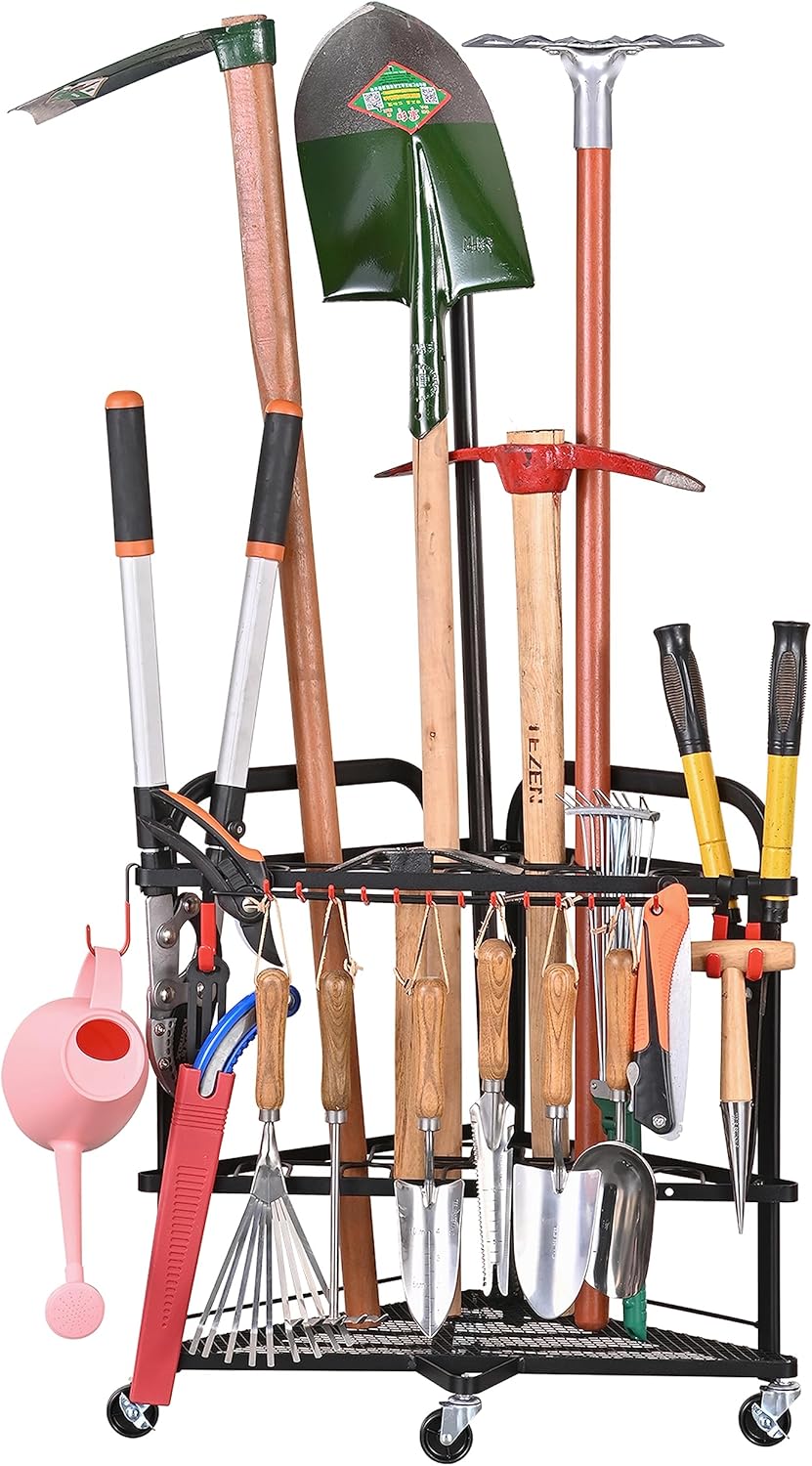 PLKOW Garden Tool Organizer with Wheels and Storage Hooks, Rolling Corner Tool Storage Rack for Garden, Shed, Garage, Powder Coated Steel, Black