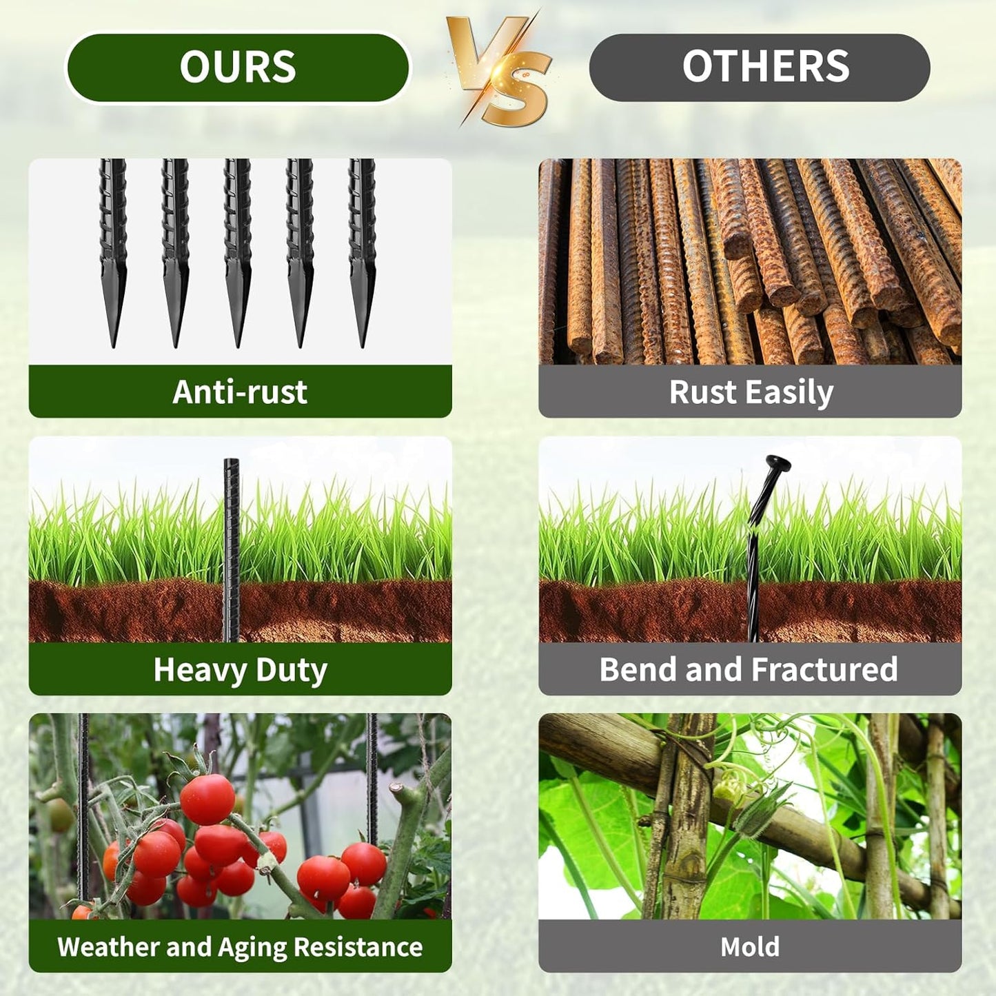 16 inches Rebar Stakes Heavy Duty (34-Pack) Metal Spikes for Concrete Timber, Garden Plant, Straight Steel Stakes for Tent, 3/8" Thickness Ground Anchors with Chisel Point End, Black