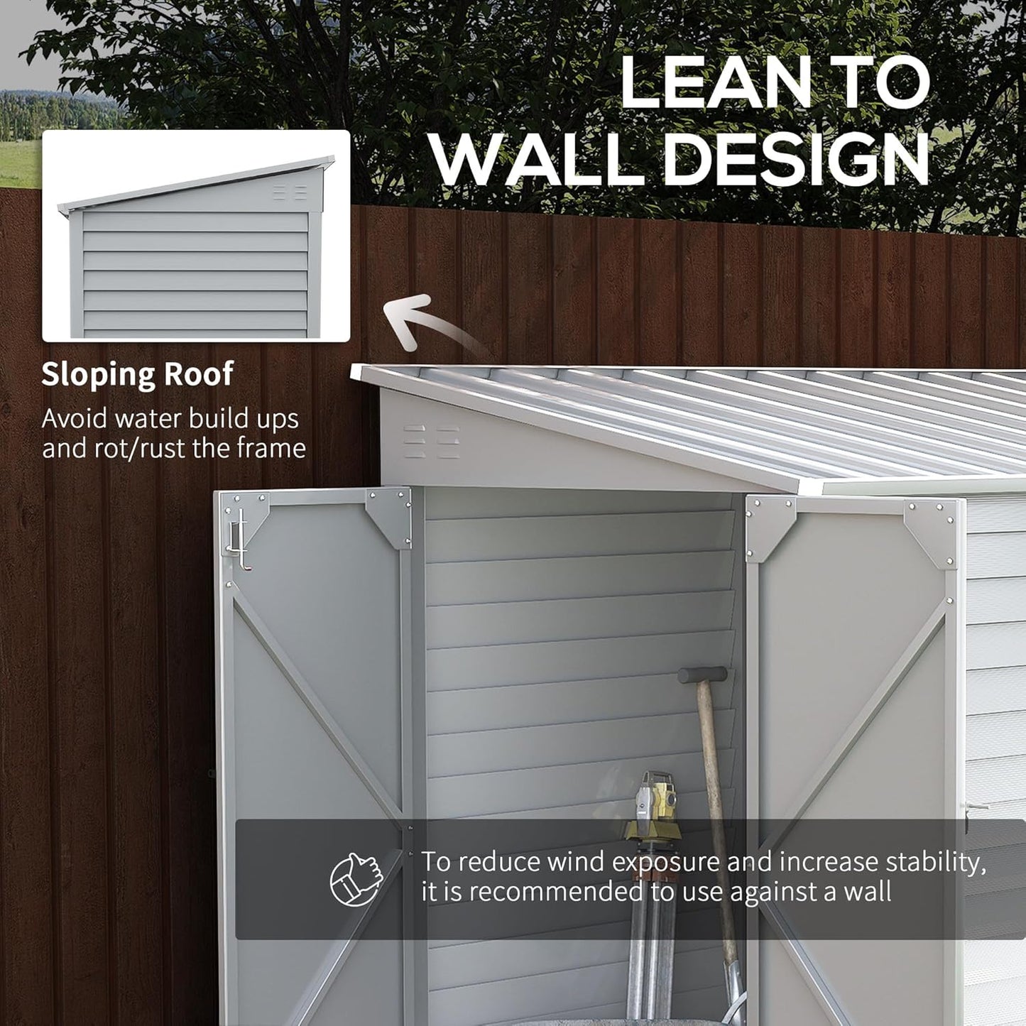 Outsunny 4.6' x 9' Steel Outdoor Storage Shed, Lean to Shed, Metal Tool House with Foundation Kit, Lockable Doors, Gloves and 2 Air Vents for Backyard, Patio, Lawn, White