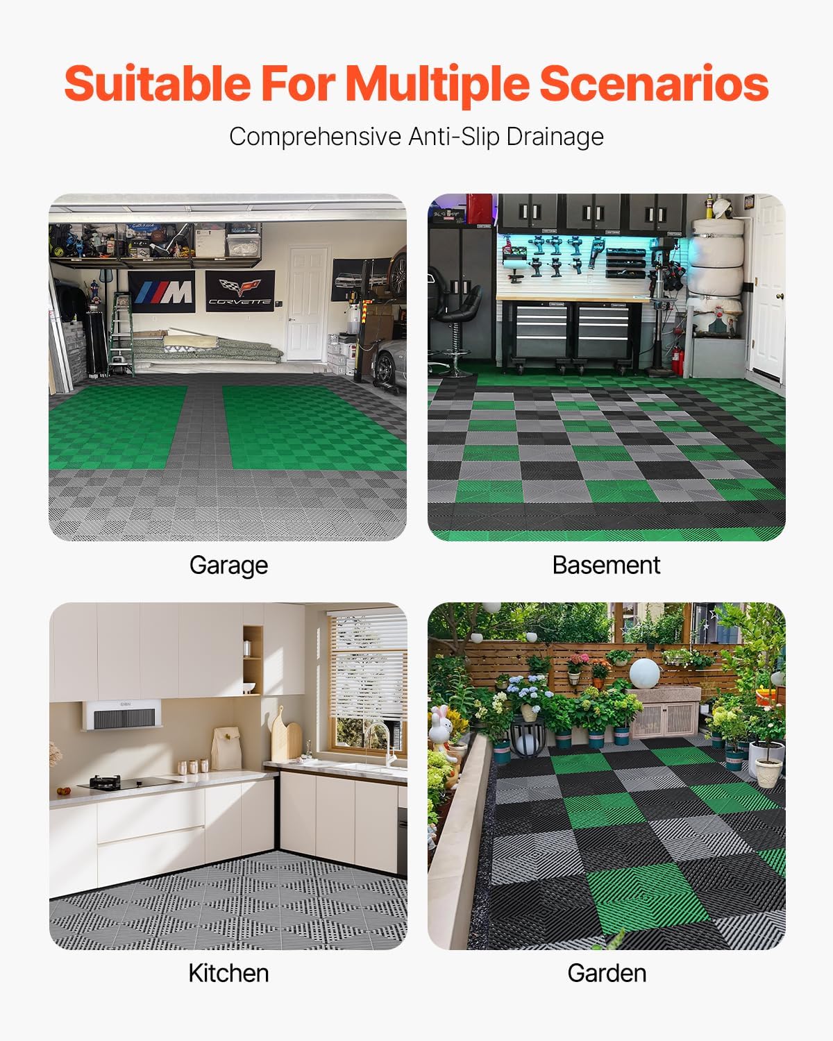 VEVOR Interlocking Drainage Mat, 12” x 12” Modular Interlocking Cushion, 40 Pcs Splicing Drainage Mats, Non-Slip Gray PP Drainage Floor Tile and Shower Mat, for Garage, Garden, Kitchen & Outdoor