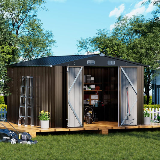 COMHOMA Shed Outdoor Storage Shed Metal,Lockable Doors Tool Sheds with Sloping Roof,Steel Garden Shed with Air Vent for Backyard,Patio,Lawn,Poolside (Brown, 10'*12')