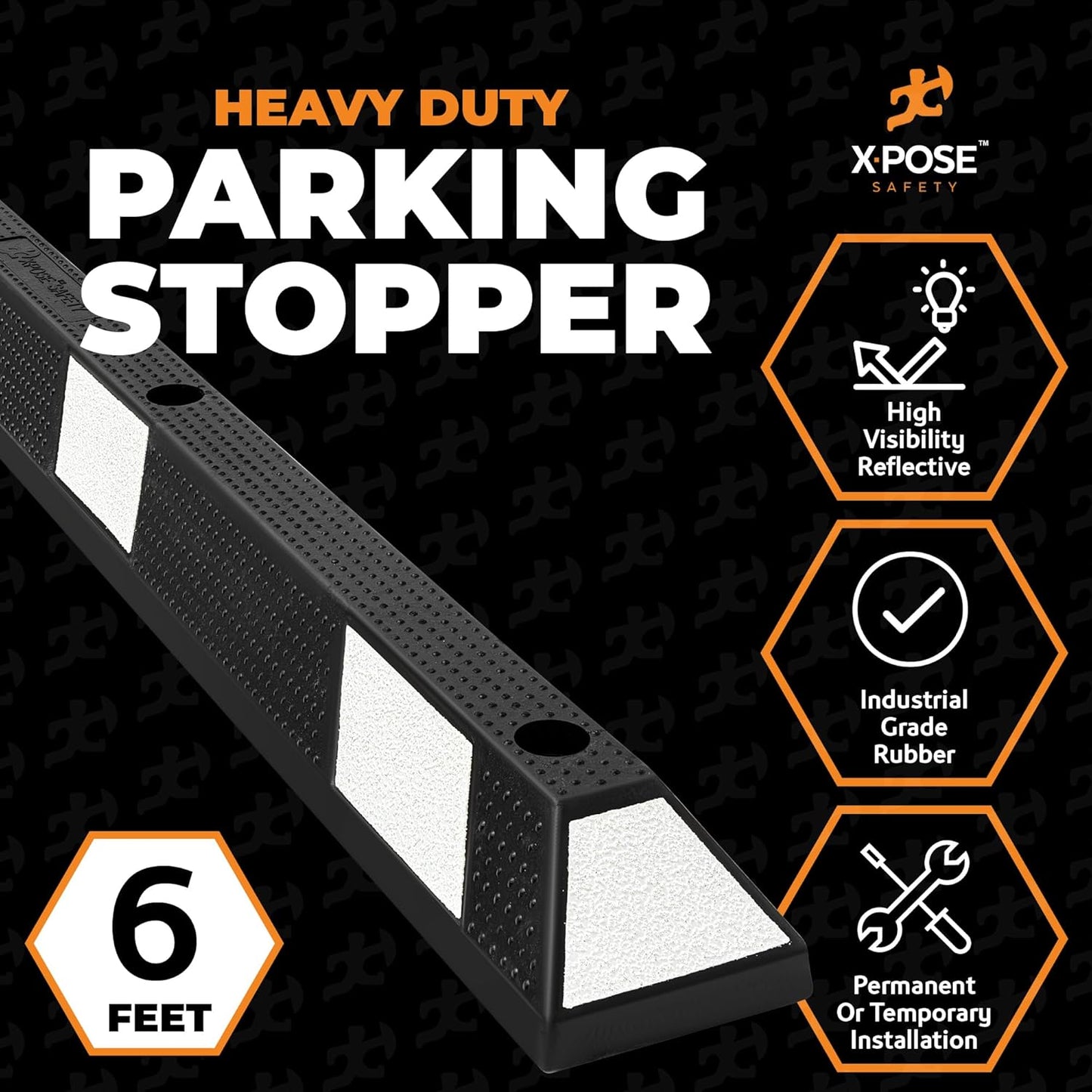 Xpose Safety 72" Heavy Duty Rubber Parking Stopper – Bulk Half Pallet 24 Pack Wheel Blocks for Garage, Driveway, or Ramp – Car Bumper Stop with White Reflective Strips – Removable Floor Mount