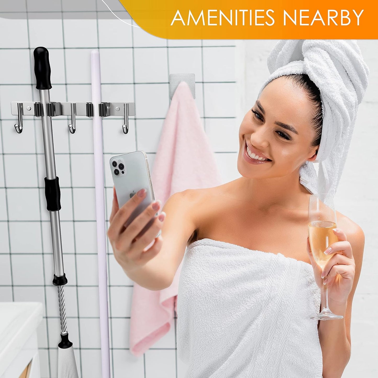 Heavy Duty Broom and Mop Holder Wall Mounted with 2 Rubber Grip Slots & 3 Utility Hooks – SUS304 Stainless Steel, Waterproof, Self Adhesive or Drill Mount, for Garage, Laundry, Kitchen Use, 2 Pcs