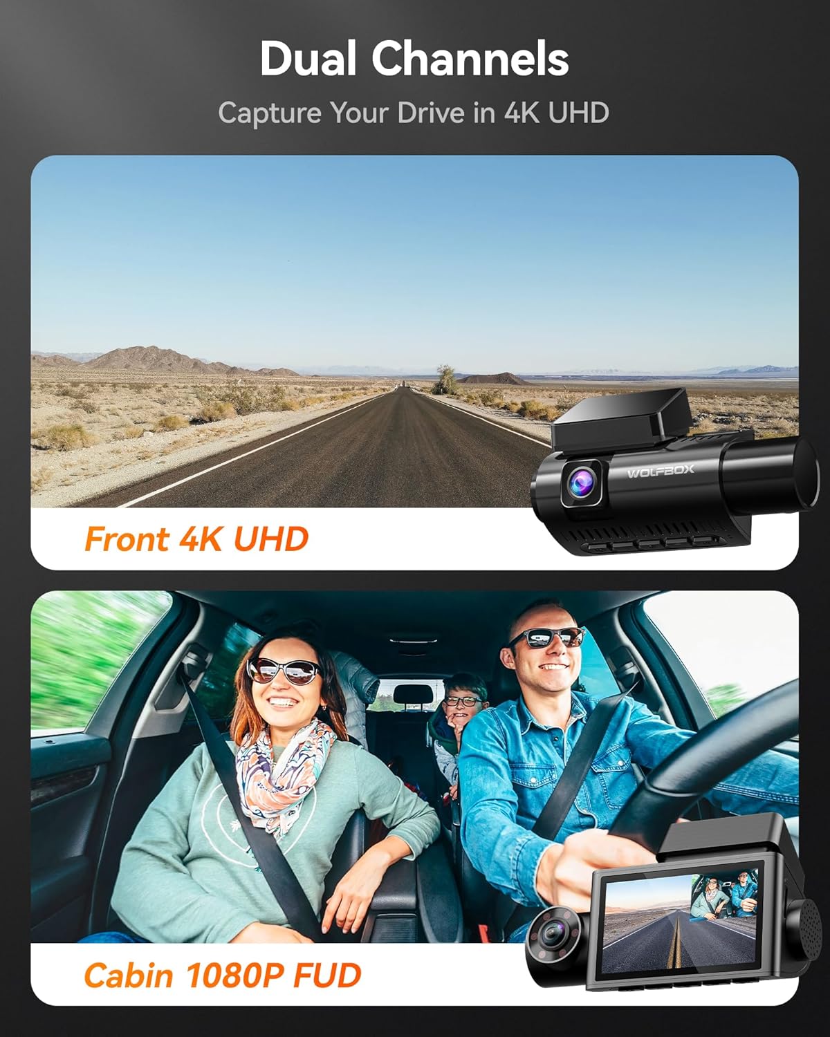 WOLFBOX i07 3 Channel Dash Cam Built-in WiFi GPS, 4K Dash Camera Front and Inside, 1440P+1080P+1080P Triple Car Camera with 3" LCD Screen, 32GB Card Included, IR Night Vision, 24H Parking Mode
