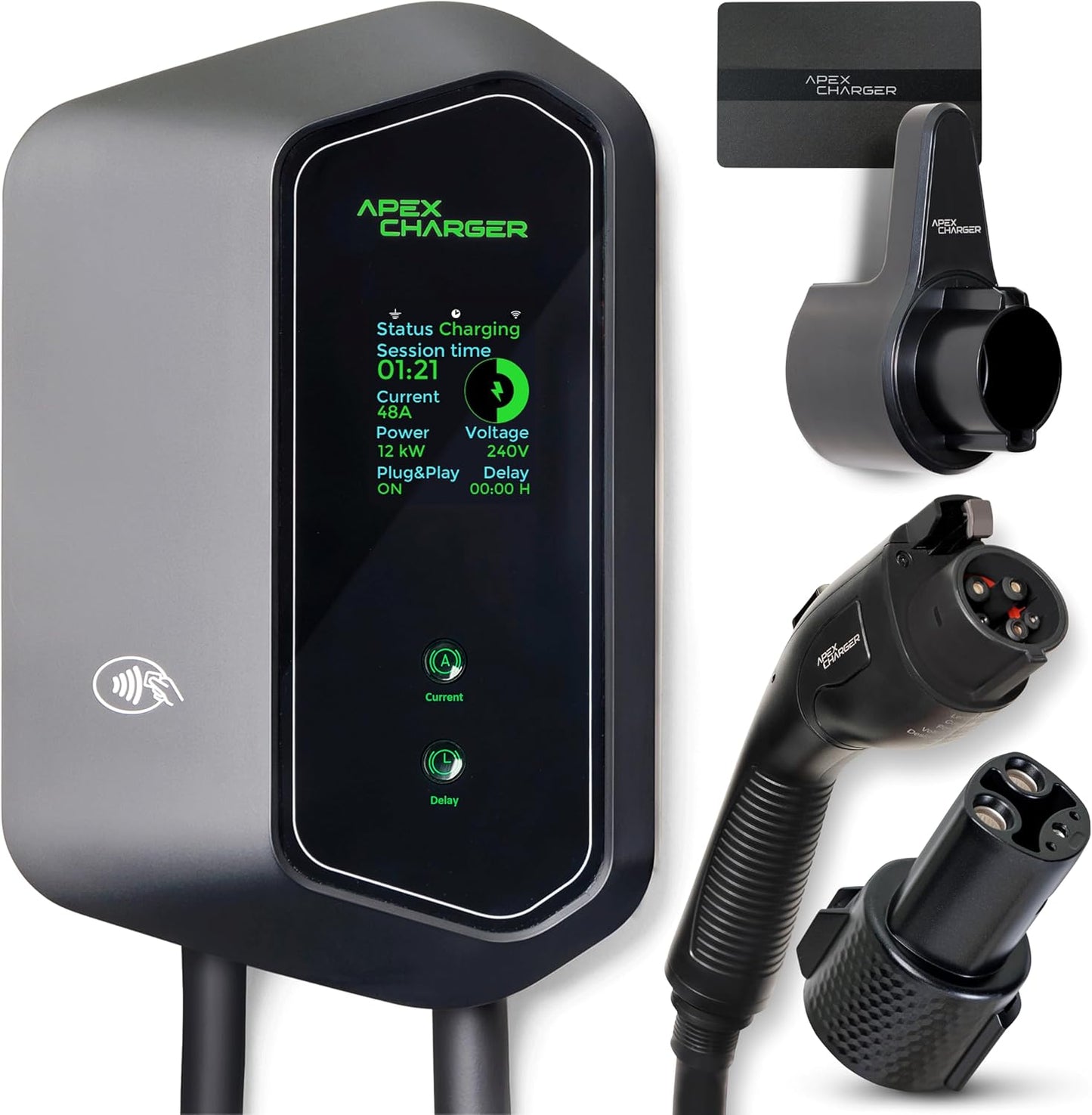 MACH 1: Fast 48 Amp Level 2 EV Charger, Wall-Mount Electric Vehicle Charging Station, 200-240V Hardwire or NEMA 14-50. J1772 car Connector & Tesla NACS, Indoor/Outdoor, 30ft Cable evse Adapter