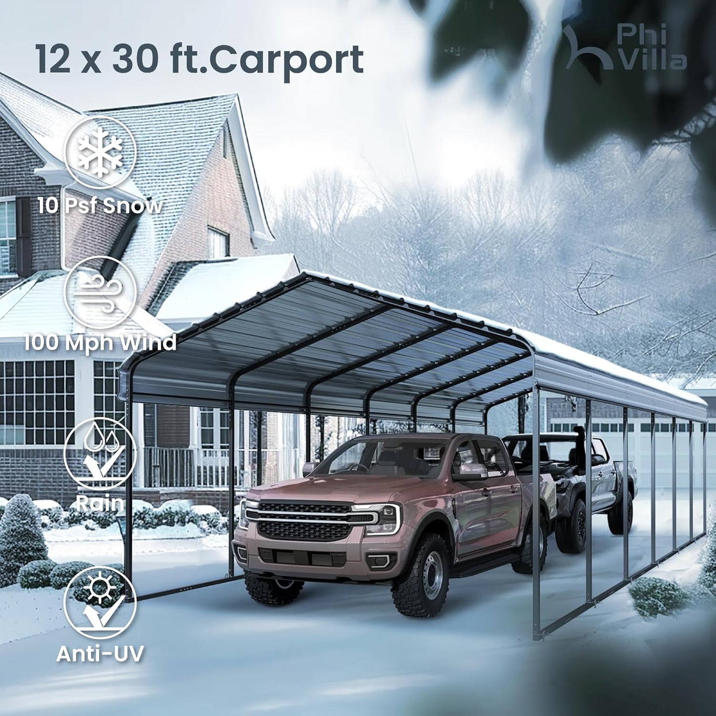 PHI VILLA 12'x30'x8.5 'Metal Carport for 2 Cars, Heavy Duty Car Ports for Heavy Snow, Reinforced Frame, Tall Metal Car Ports for Bass Boats, Full-Sized Pickup Trucks, and Tractors