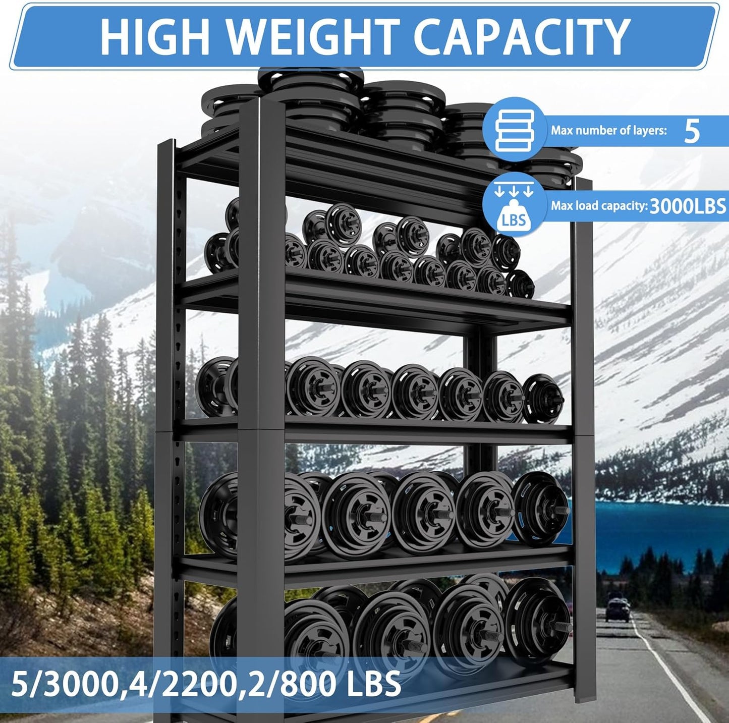 5-Tier Heavy Duty Garage Shelving Unit, 3000 LBS Capacity Metal Storage Rack 72" H x 48" W x 20" D, Adjustable Steel Shelves for Garage, Warehouse, Basement, Pantry, Workshop.2 Pack