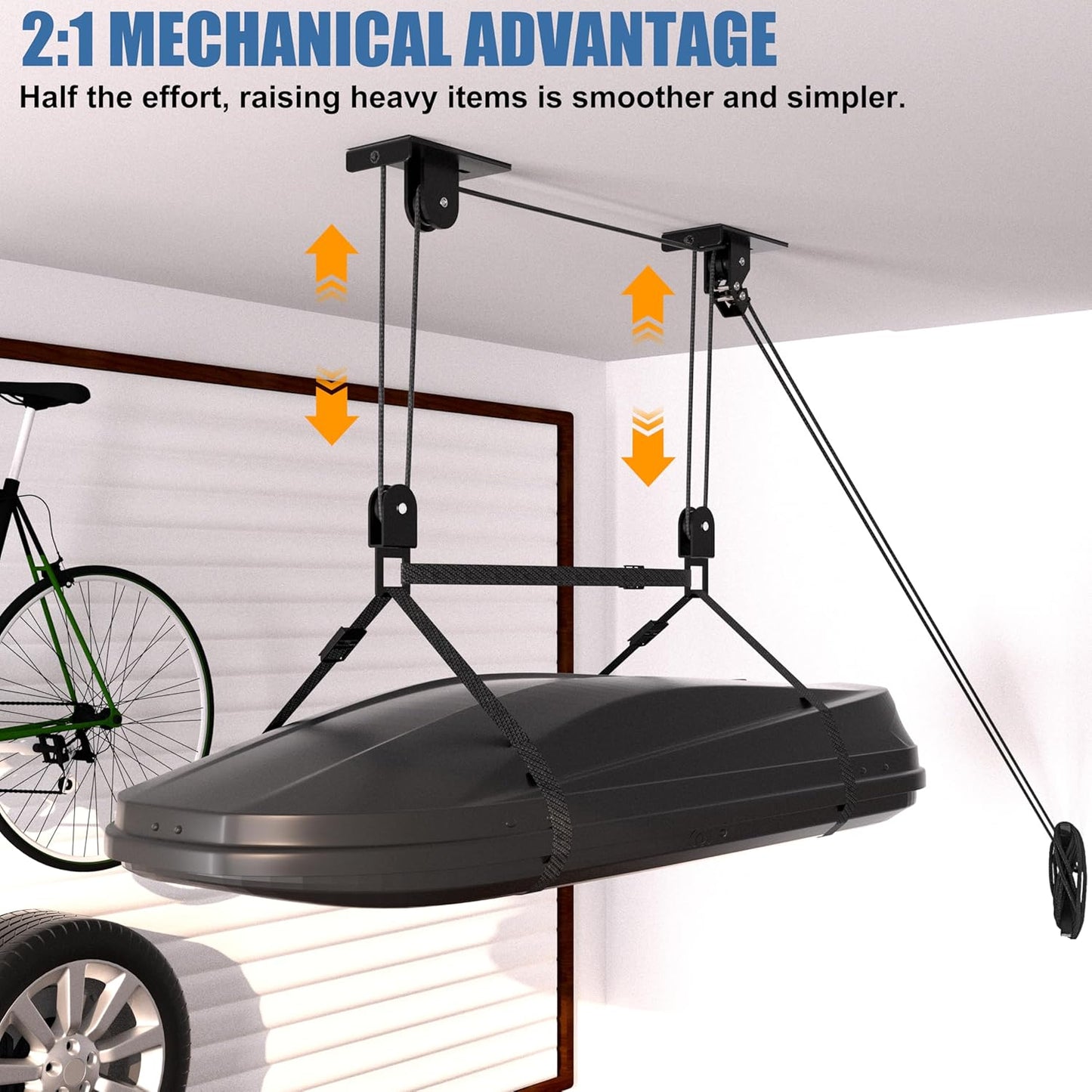Cargo Box Pulley System for Garage Storage, Heavy-Duty Kayak/Canoes/Bikes/Ladders Ceiling Hoist, Hold Up to 150 lbs Capacity, Fit 10-18 Foot Ceilings, Black